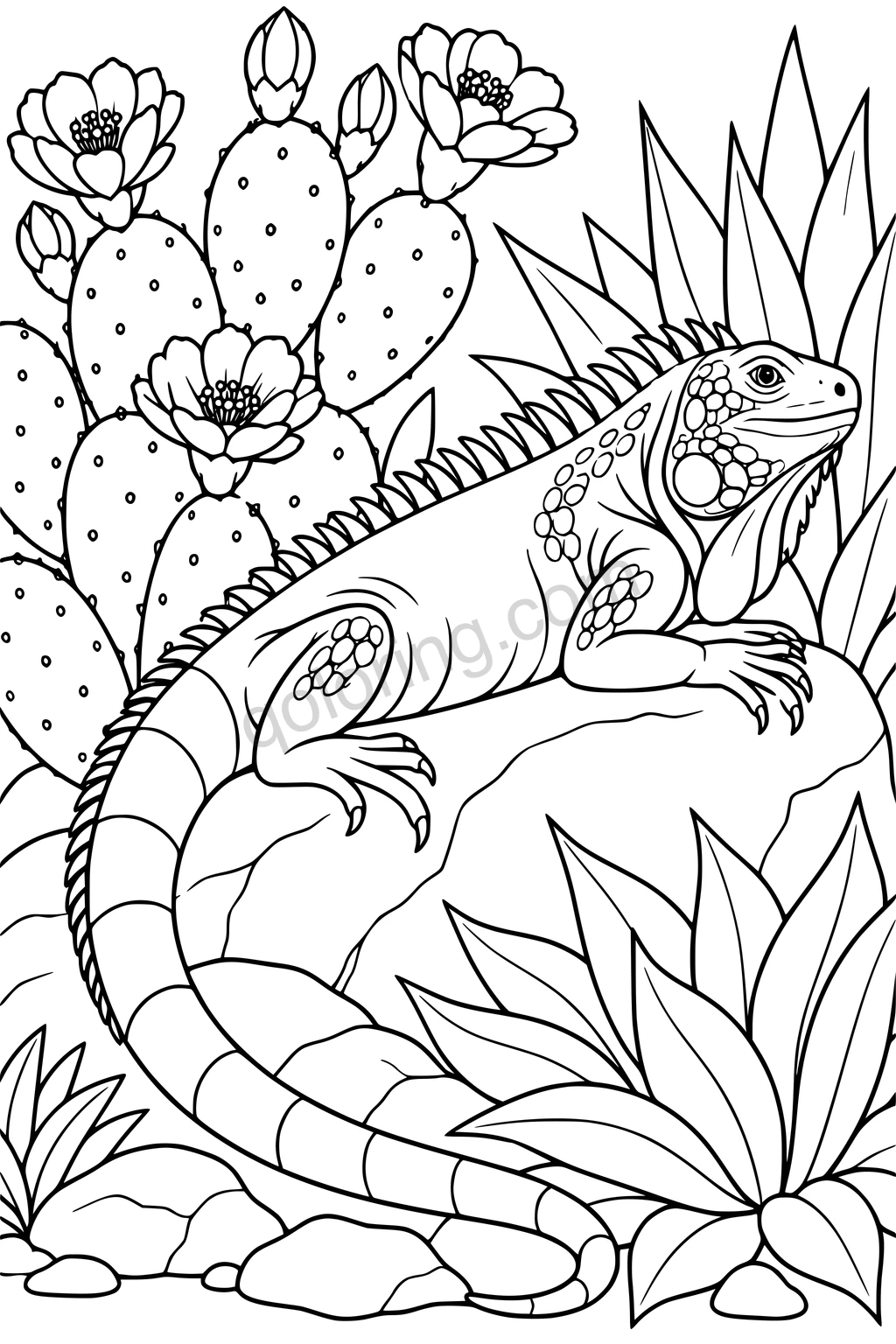 An iguana rests on a smooth rock among flowering cactus pads and large succulent leaves.