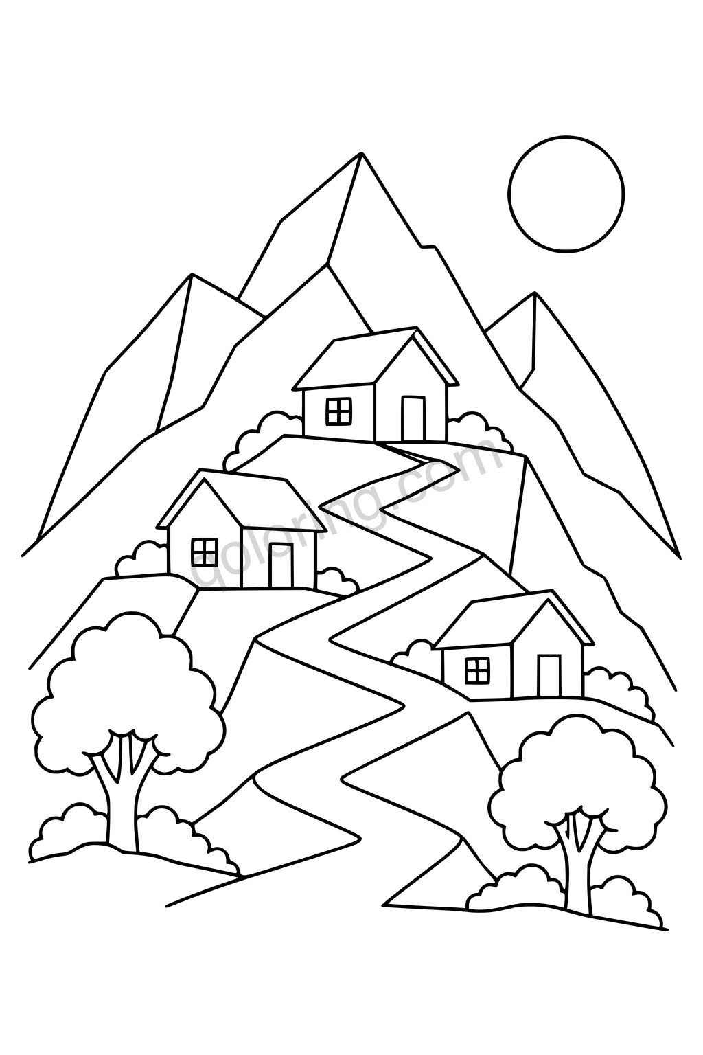 Black outline drawing of three houses beside a zigzag path through angular mountains.