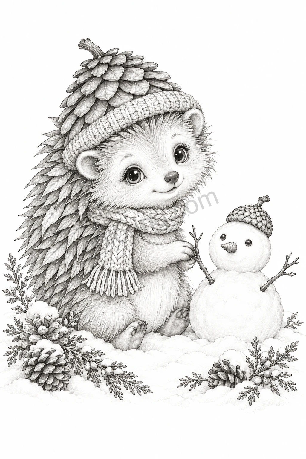 A hedgehog sprite in a pinecone hat and scarf stands beside a tiny snowman and snowy branches.