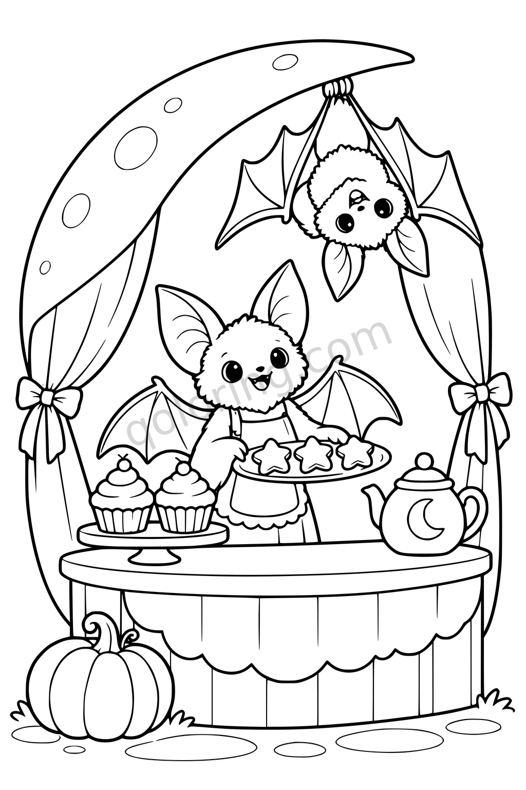 Two cute bats share a small curtained bakery stall with cupcakes, star cookies, a teapot and a pumpkin.
