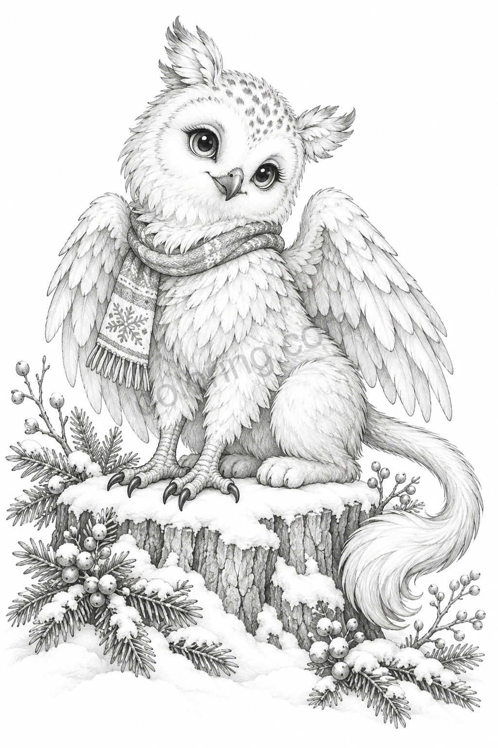 A fluffy owl griffin with feathered wings, lion paws and a scarf perches on a snowy branch.