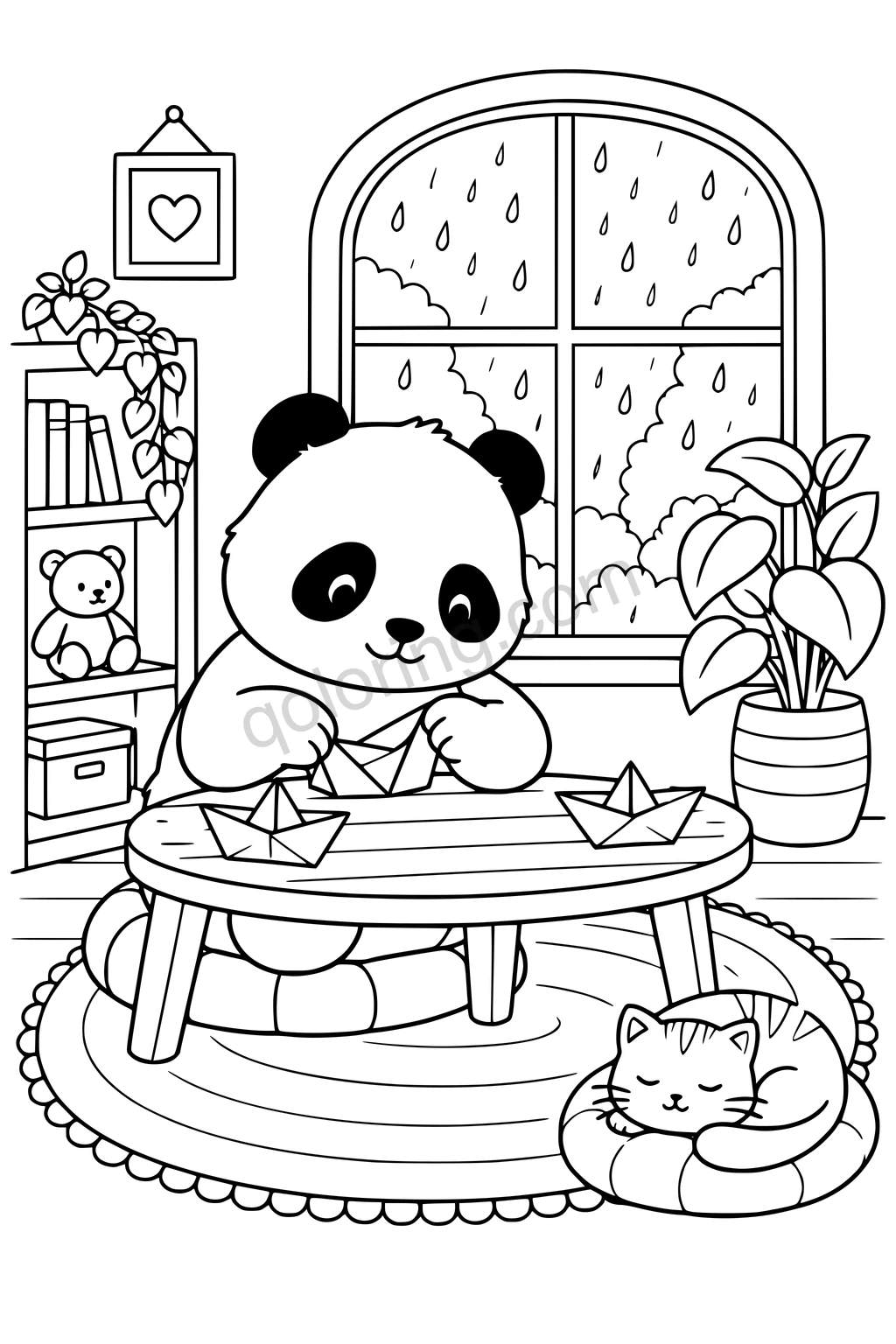 Panda folding paper boats at a table beside a rainy window, sleeping cat, toy bear, and houseplant.