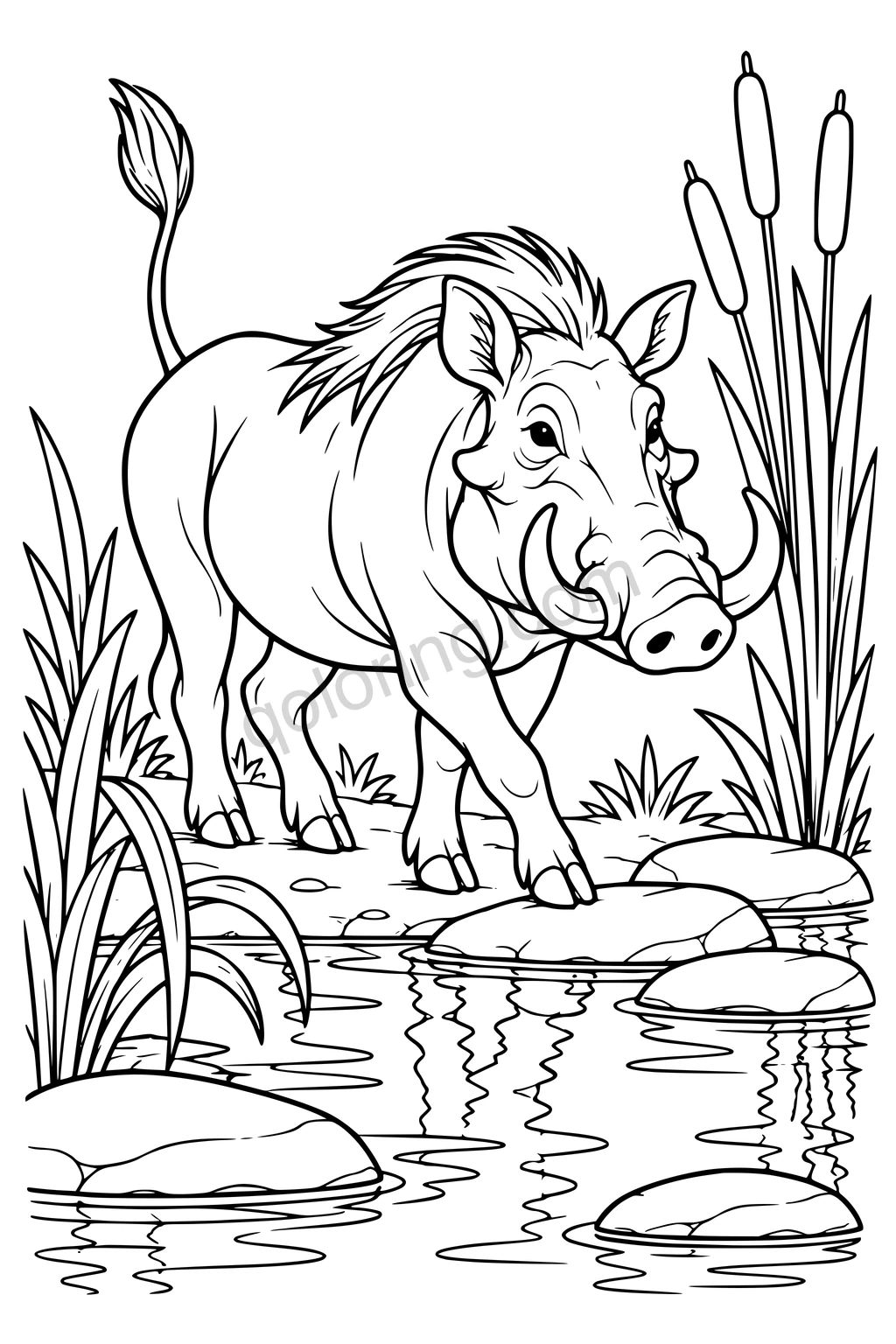 Black outline drawing of a warthog at a shallow watering hole.