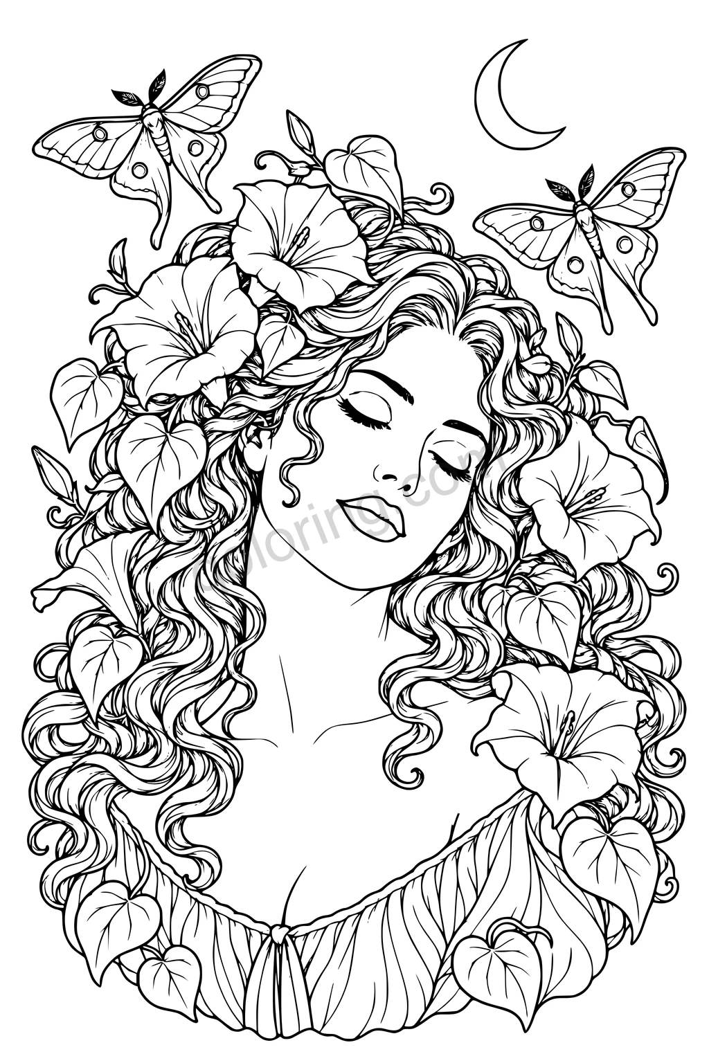 Black-line portrait of a woman with closed eyes and curly hair, surrounded by moonflowers, moths and a crescent moon.