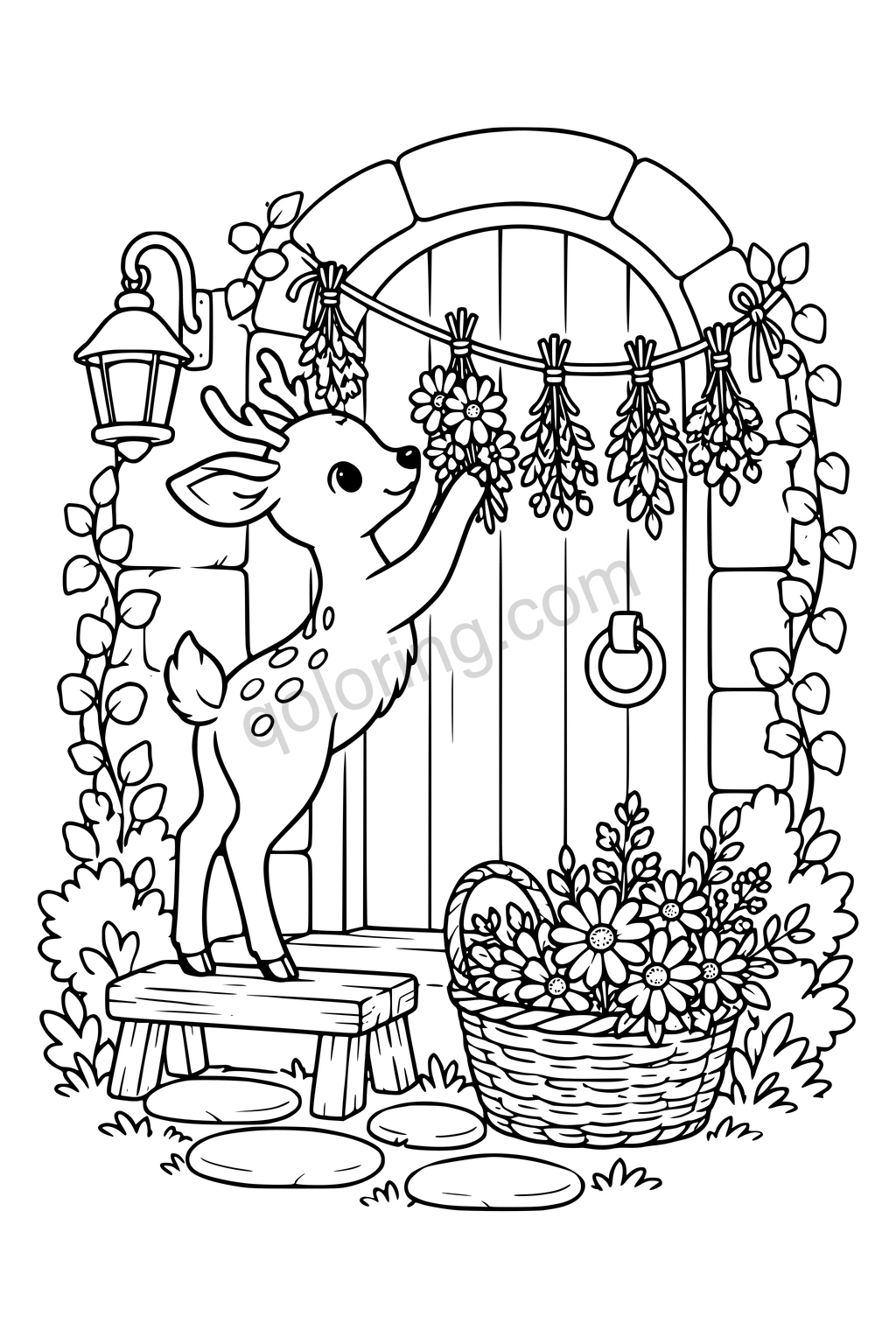 Black outline drawing of a deer placing broad dried flowers onto a simple hanging garland across a cottage doorway, with a basket of large flower heads and a low step.