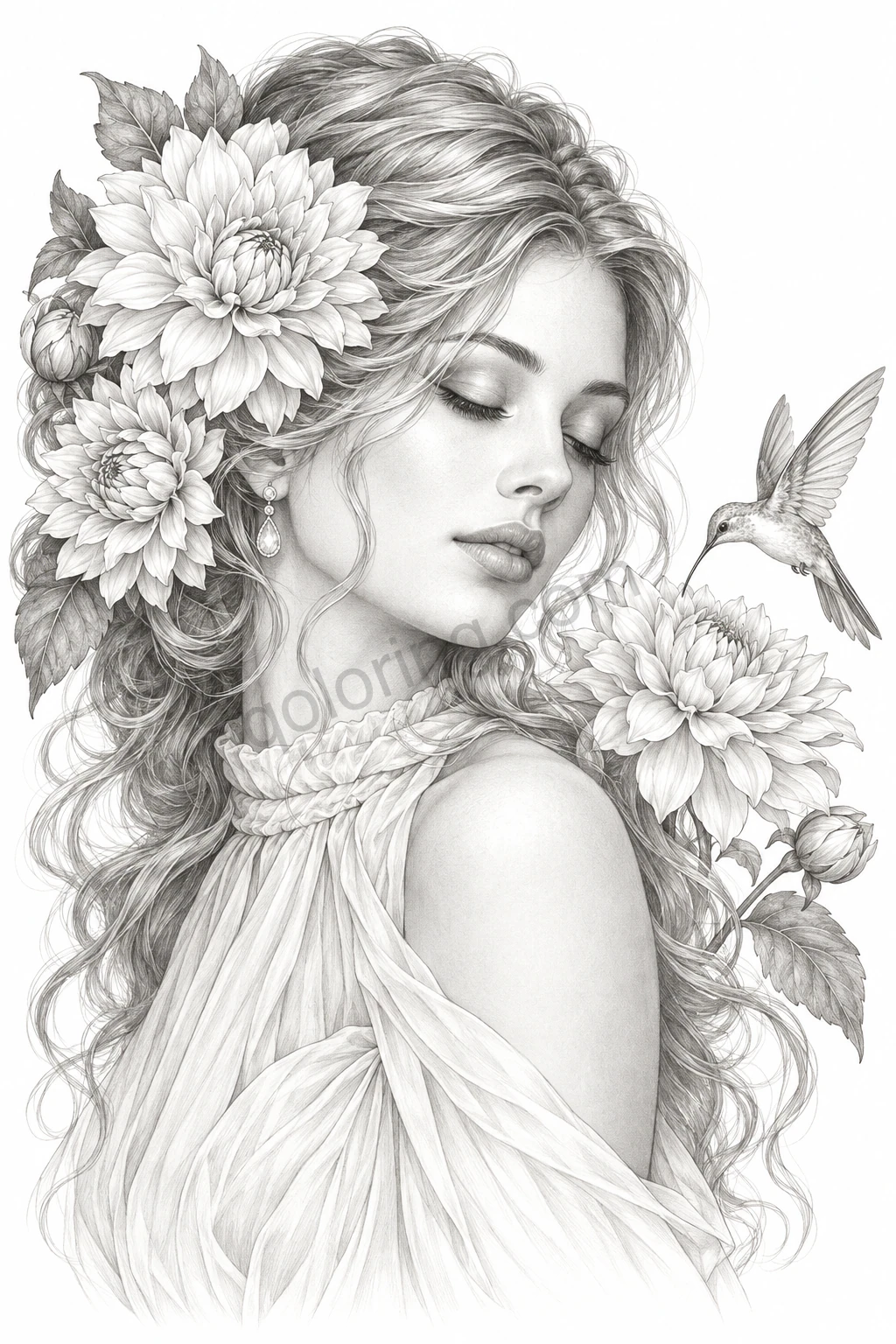 Grayscale pencil portrait of a woman with closed eyes among dahlias and a hovering hummingbird.