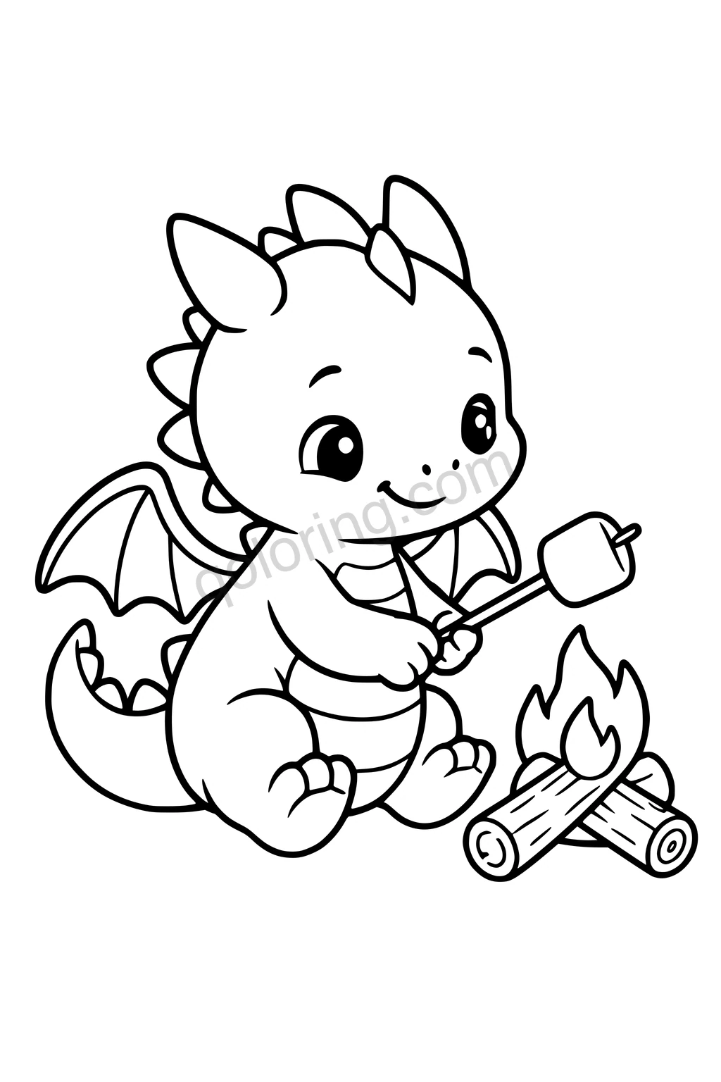 Black outline coloring page: Little Dragon with a Marshmallow.
