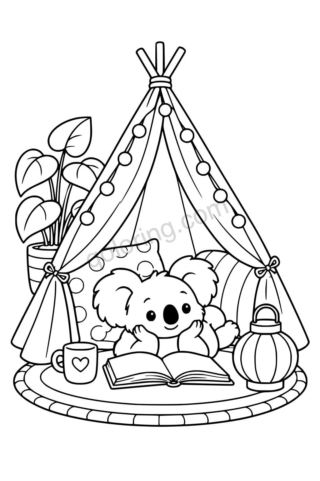 Black outline drawing of a koala reclining inside a simple indoor teepee tent with an open book, two broad pillows, a small mug and a round floor lantern, spacious fabric panels.