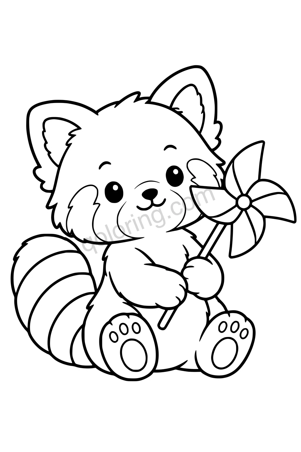 Black outline coloring page: Red Panda Holding a Pinwheel.