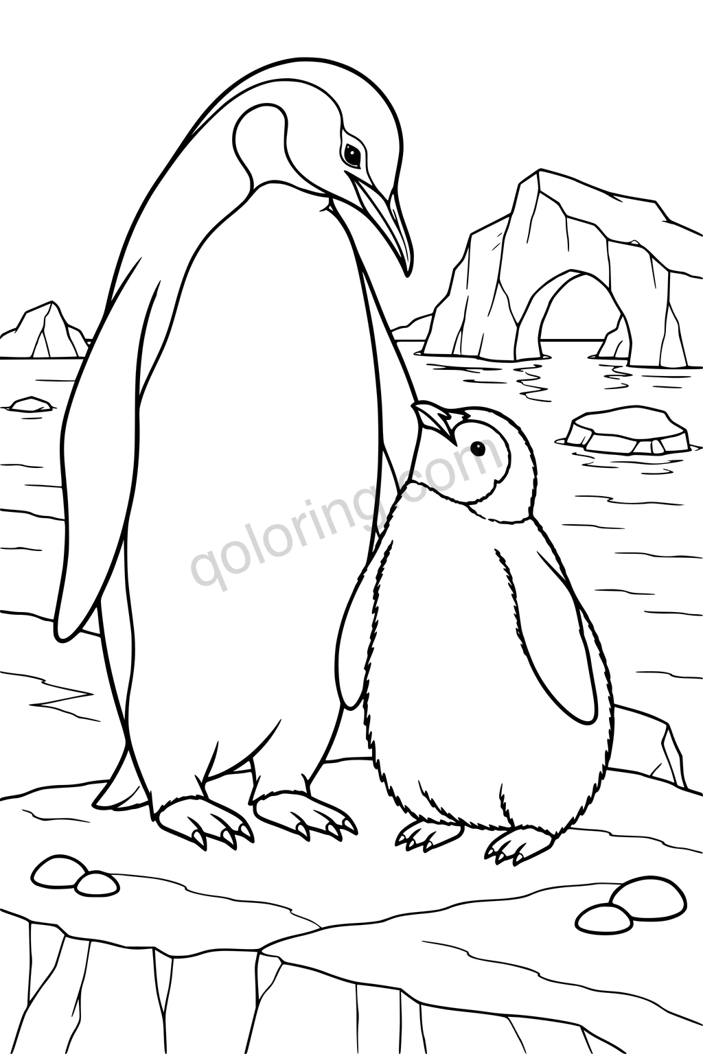 An adult penguin and a chick stand on an ice floe with pebbles and a distant ice arch.