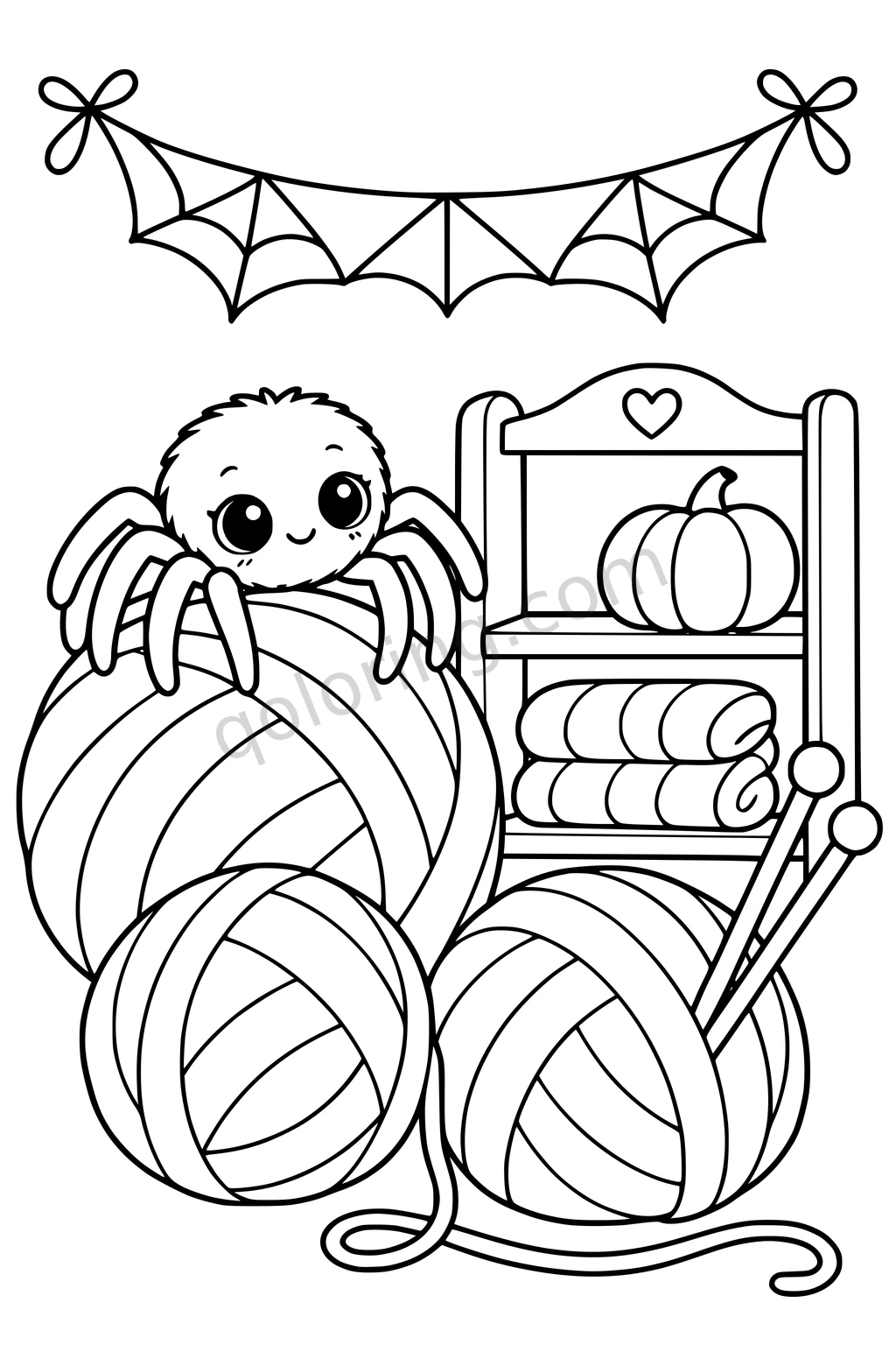 A smiling eight-legged spider rests on a large yarn ball beside more yarn, knitting needles and a small shelf.