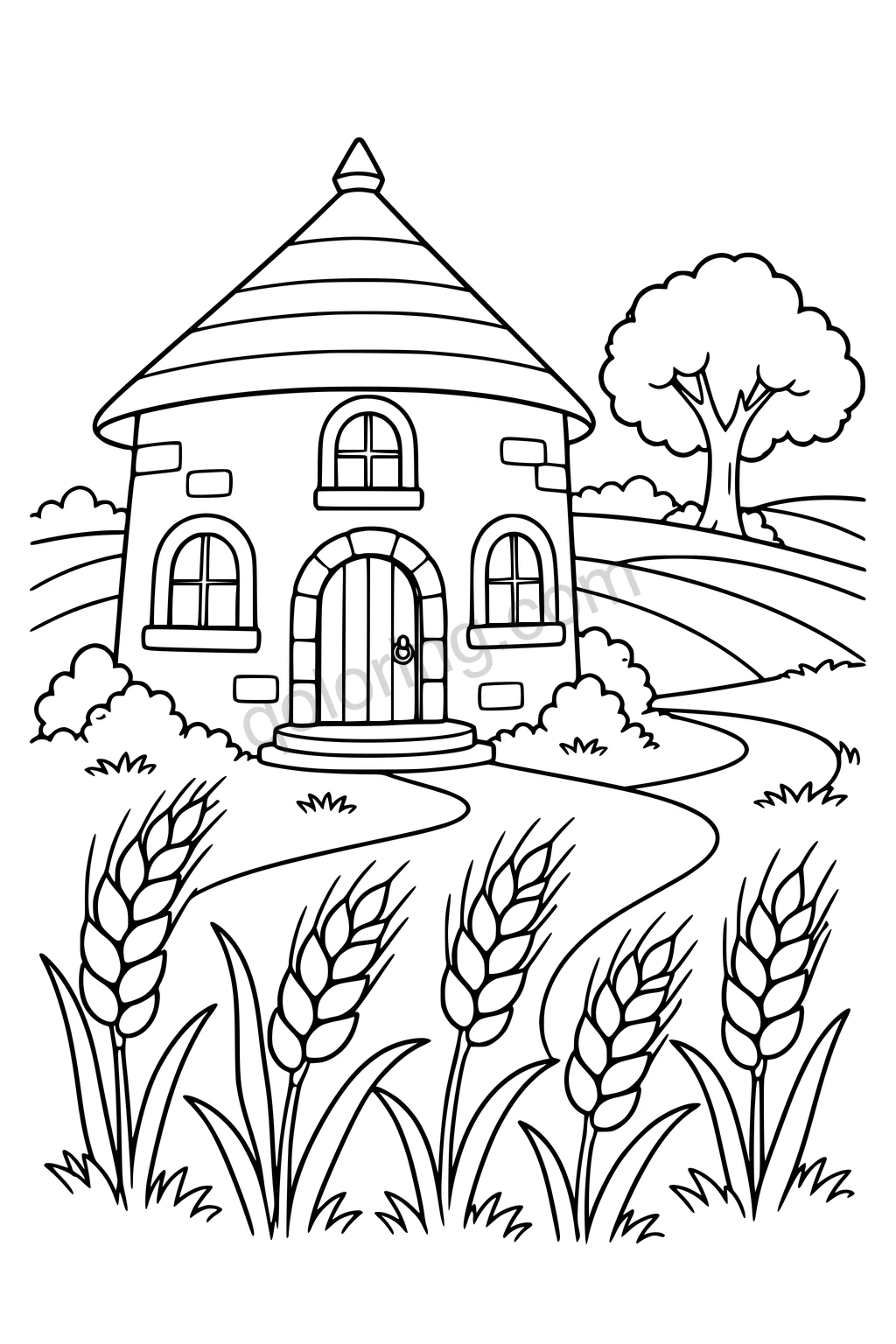 Black outline drawing of a circular farmhouse with large wheat ears and curved fields.