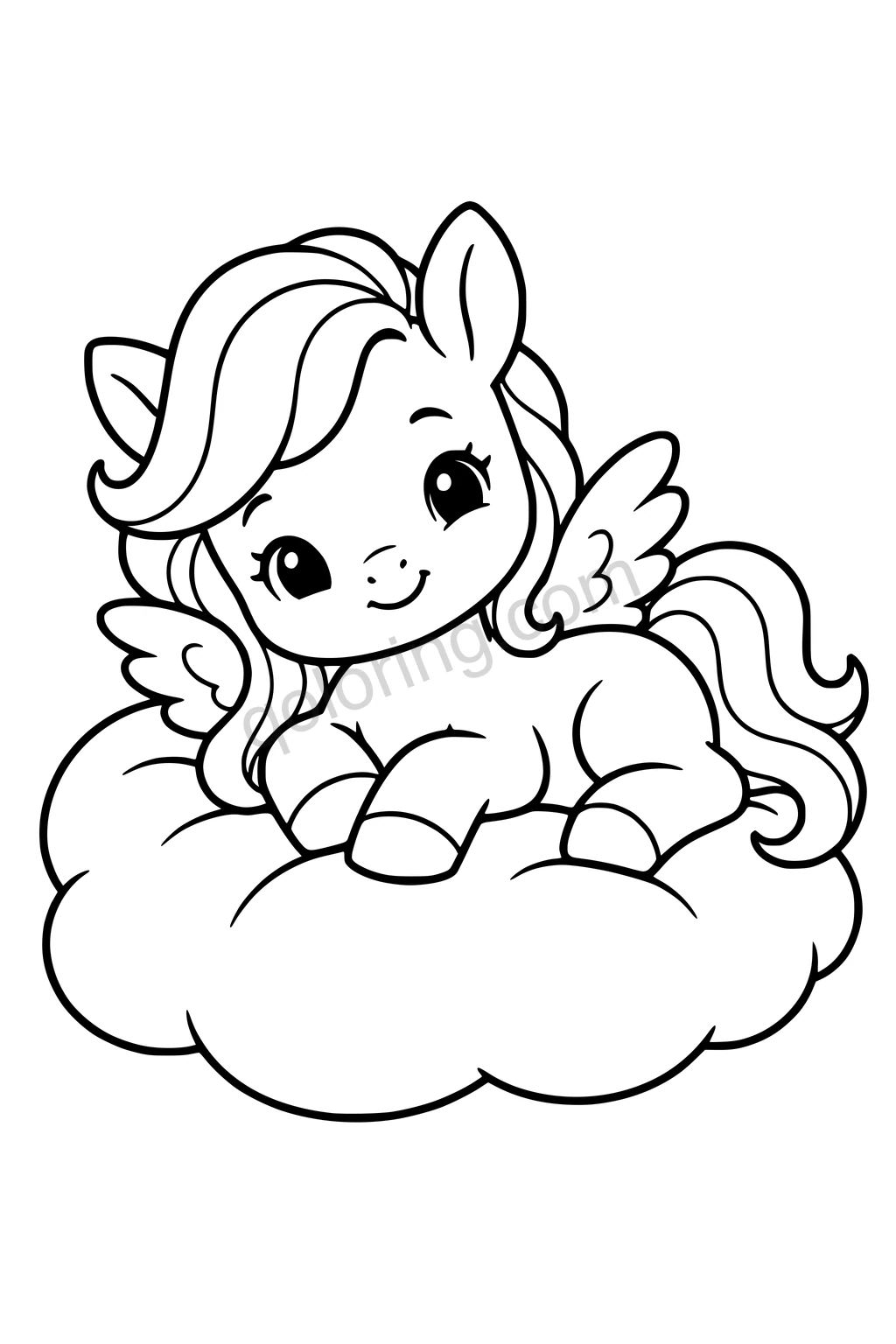 Black outline coloring page: Baby Pegasus on a Cloud Pillow.