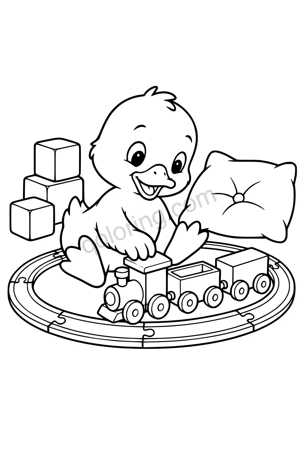 Black outline drawing of a duckling sitting inside a simple oval wooden toy train track, gently pushing a three-car train, with three large building blocks and a cushion nearby.