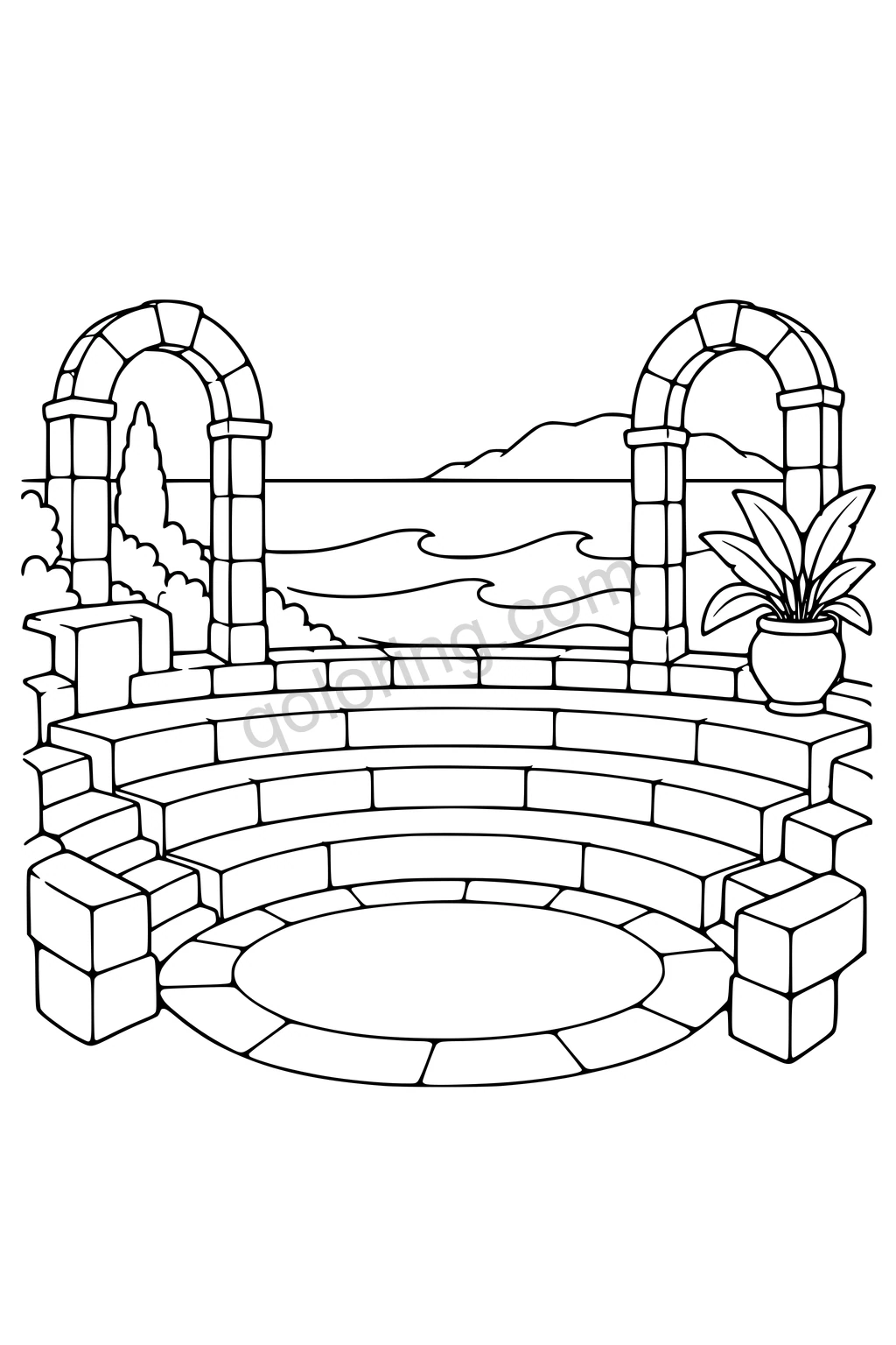 Black outline drawing of a seaside stone amphitheater with arches and broad seating tiers.
