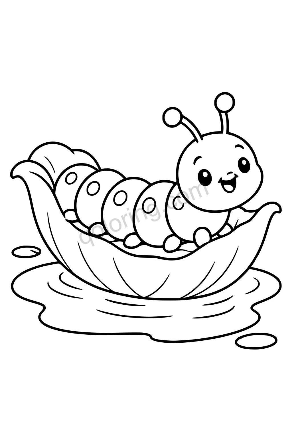 Black outline coloring page: Caterpillar in a Flower Boat.