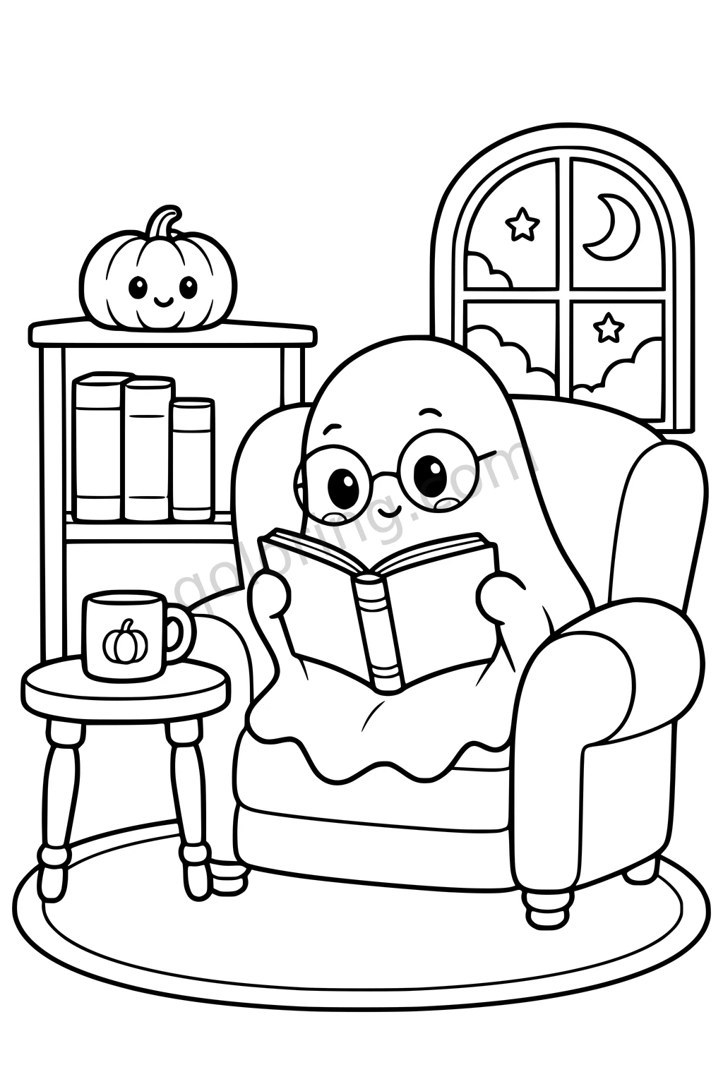 A ghost wearing round glasses reads in an armchair beside a mug, books, a pumpkin and an arched window.