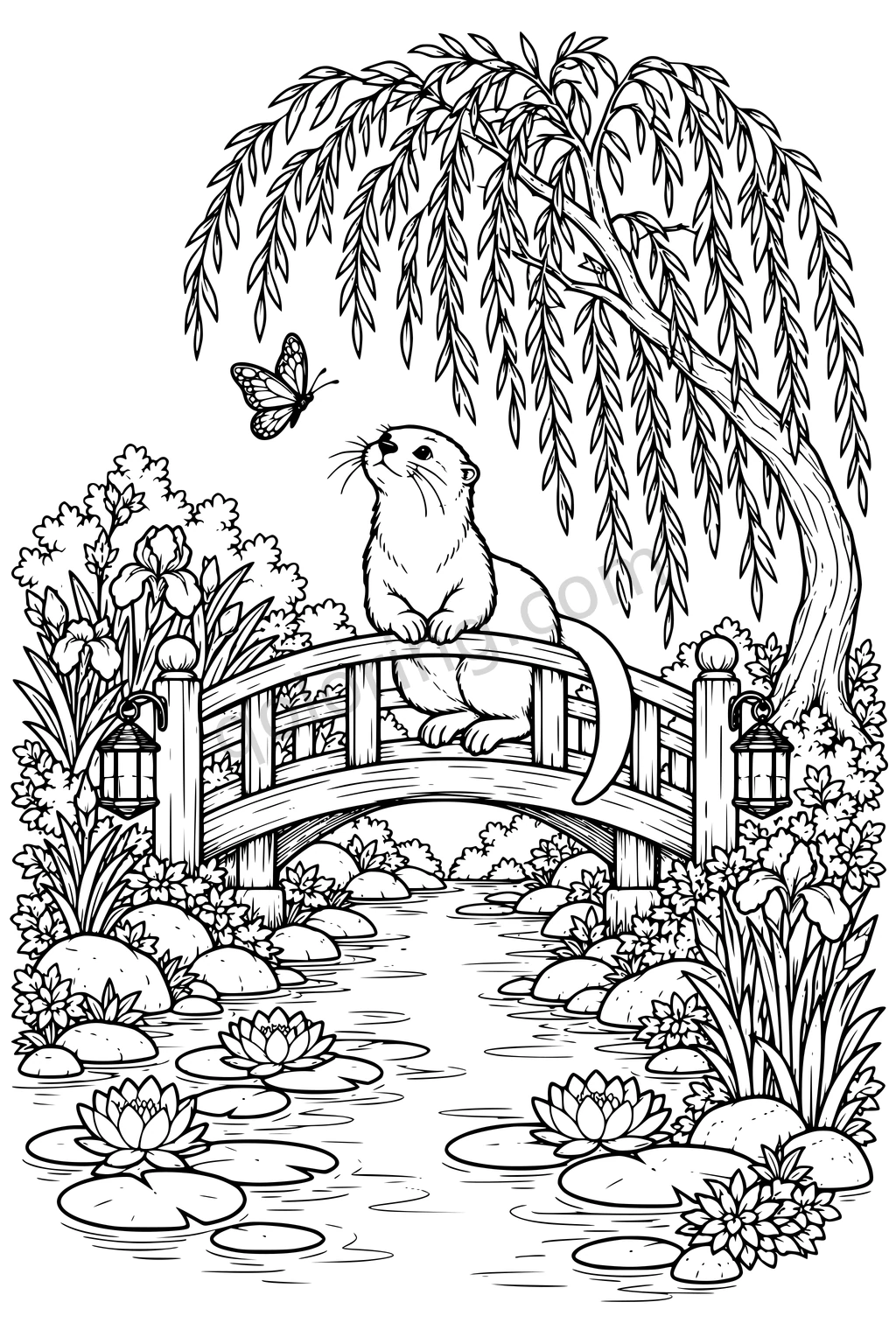 An otter rests its front paws on a small bridge rail above a stream, with lanterns, a butterfly, a willow and water lilies.