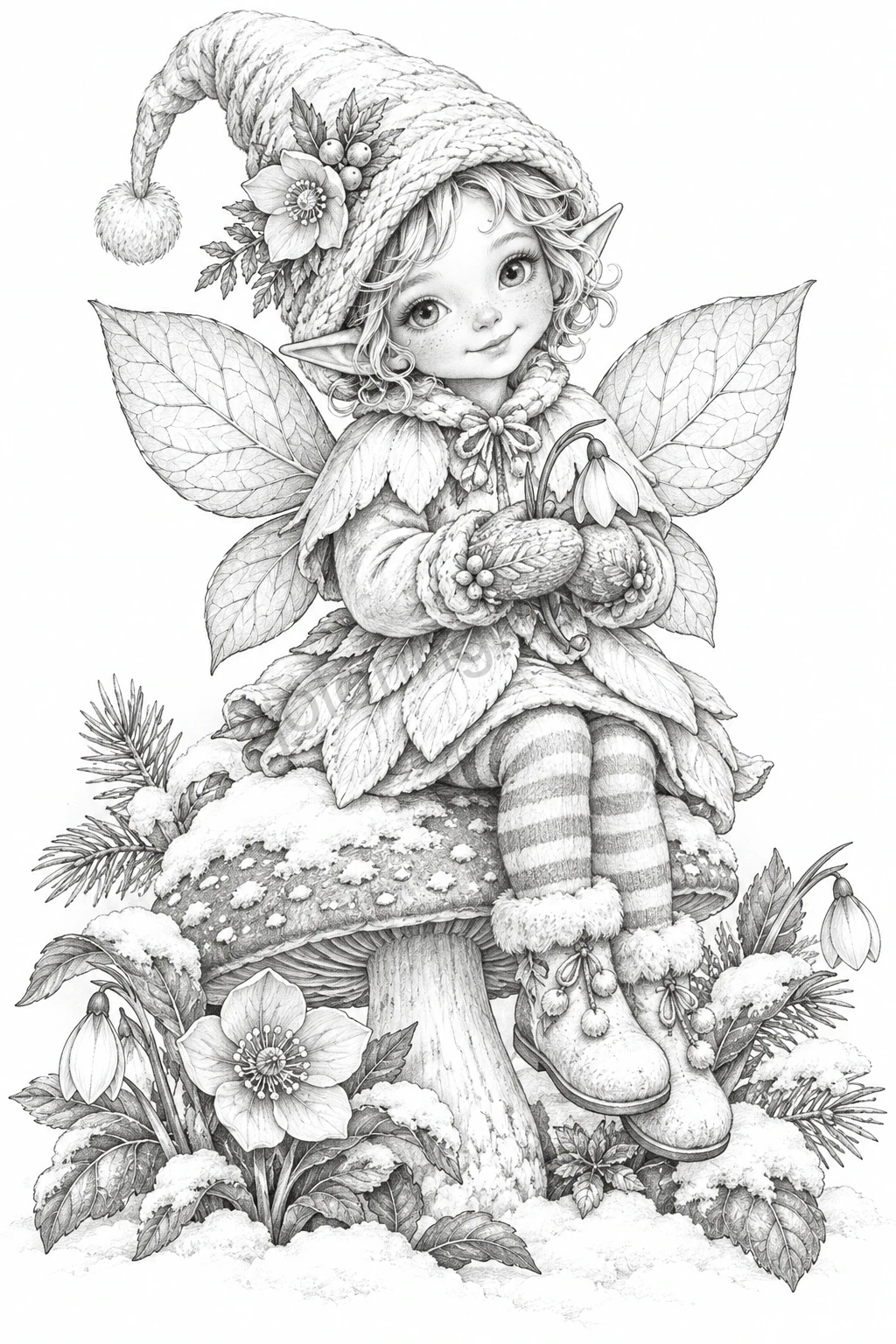 A winged forest pixie in a knitted hat and mittens sits among snowbells and pine sprigs.