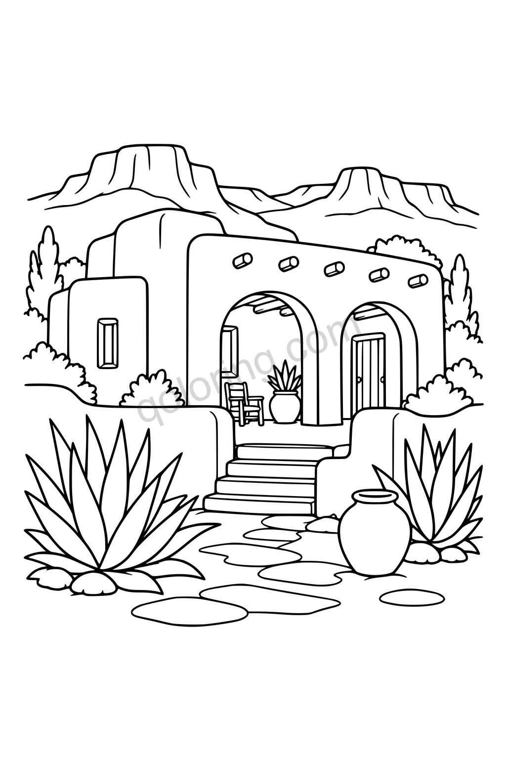 Black outline drawing of an adobe house with arched porch, agaves and a clay jar.