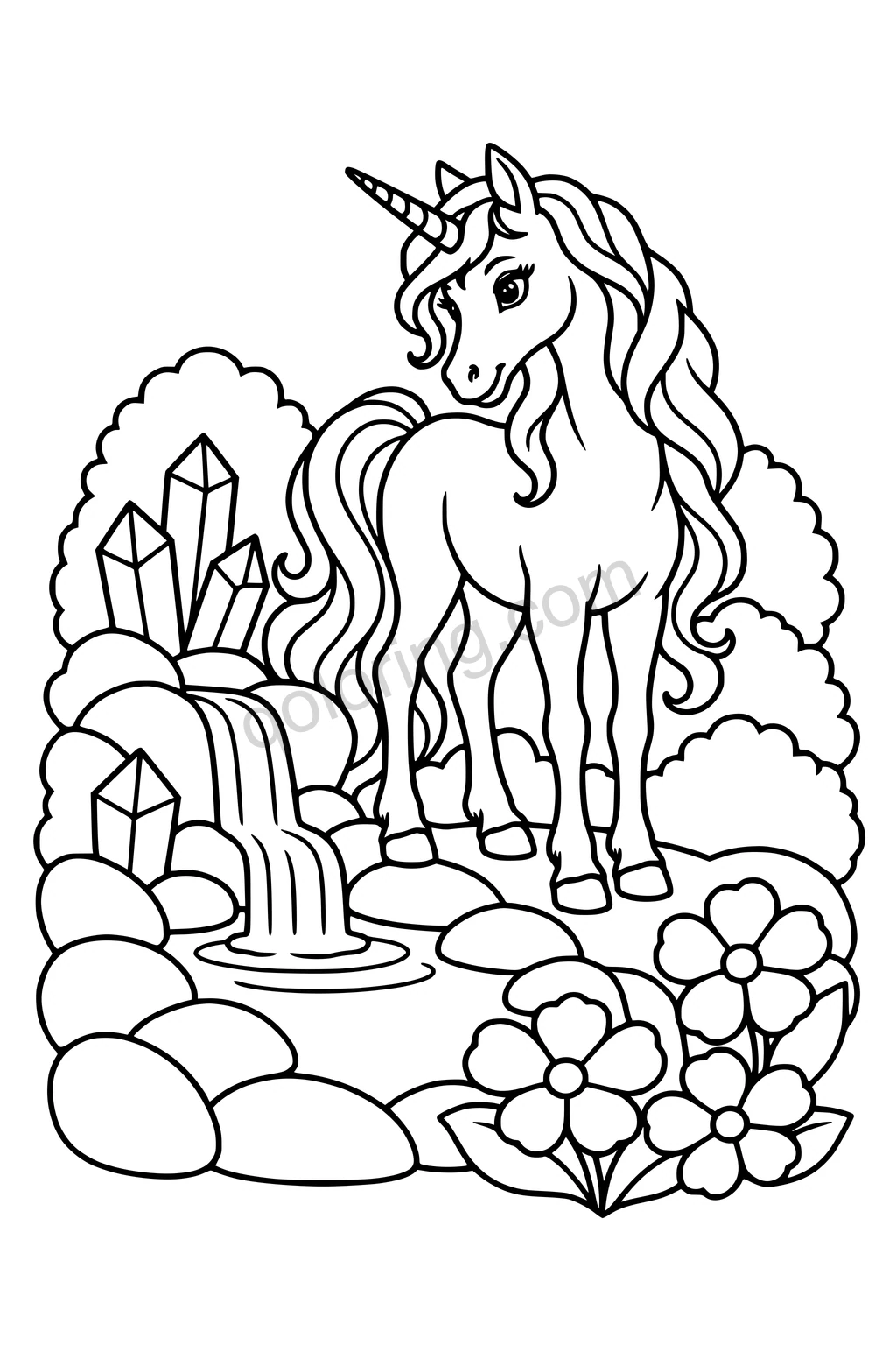 Black outline drawing of a unicorn beside a small waterfall, crystals, flowers, and bushes.