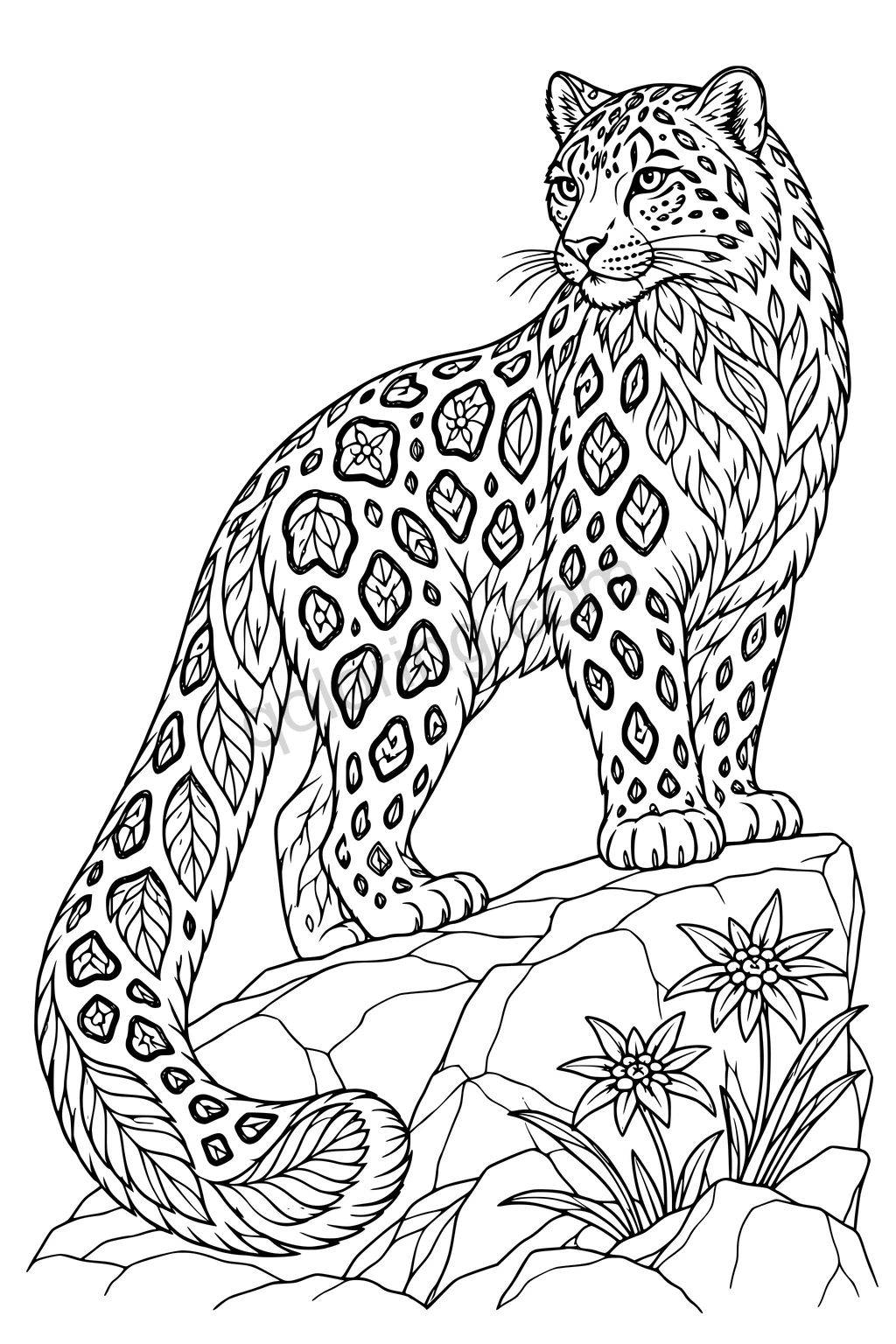 A snow leopard covered in decorative patterns rests on a rock among flowers and leaves.