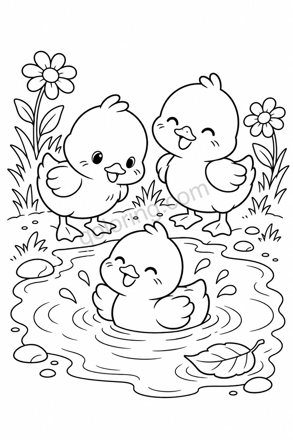 Three ducklings around a puddle, with two on the bank and one in the water.