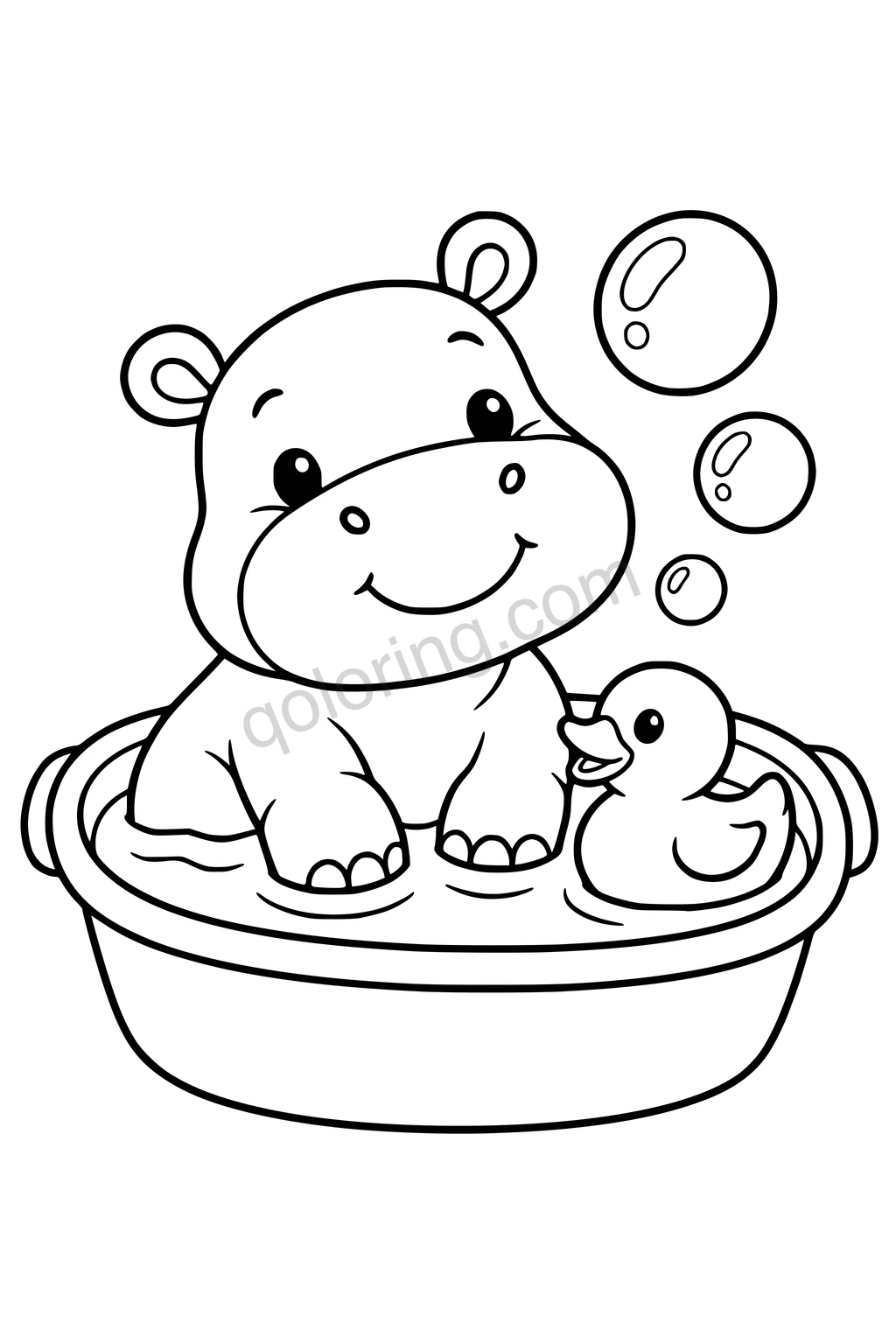 Black outline coloring page: Baby Hippo and the Rubber Duck.