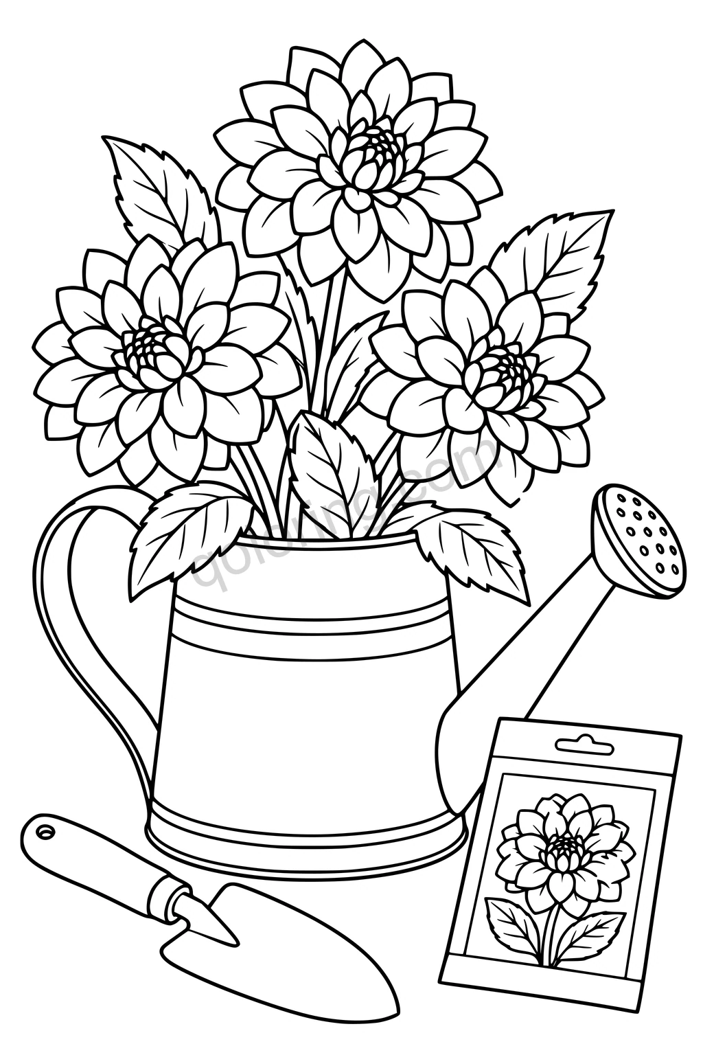 Black outline drawing of dahlias in a watering can beside a trowel and a flower seed packet without lettering.