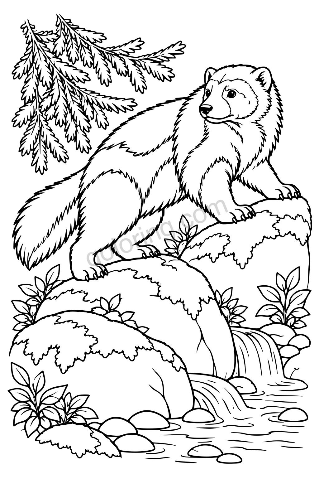 Black outline drawing of a wolverine among mossy boulders.