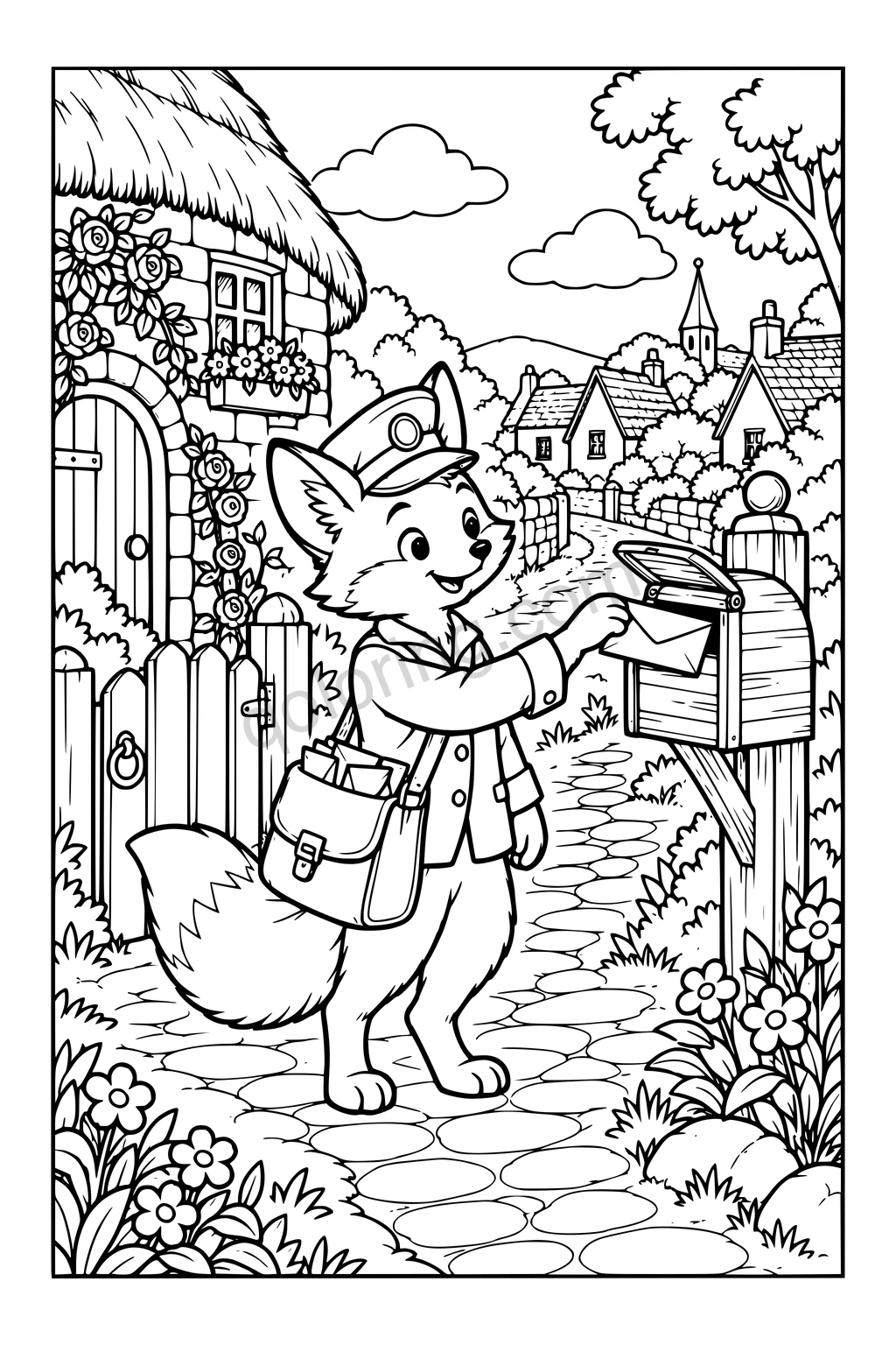 A fox mail carrier placing an envelope in a mailbox beside a cottage garden.