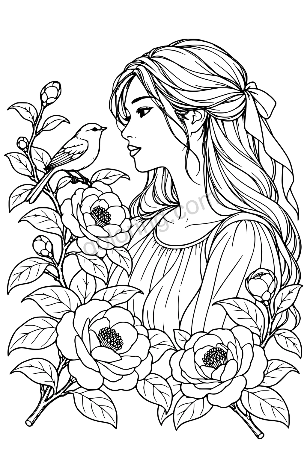 Black-line portrait of a woman with swept hair, a small songbird and camellia flowers with layered petals.