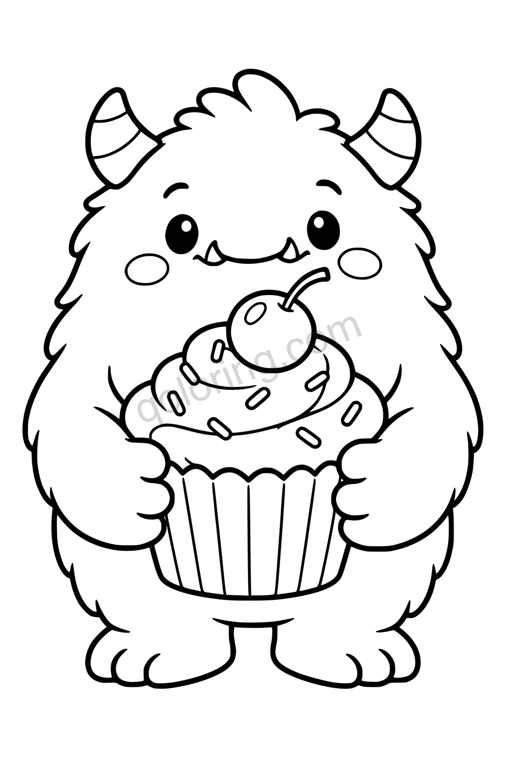 Black outline coloring page: Friendly Monster and the Cupcake.