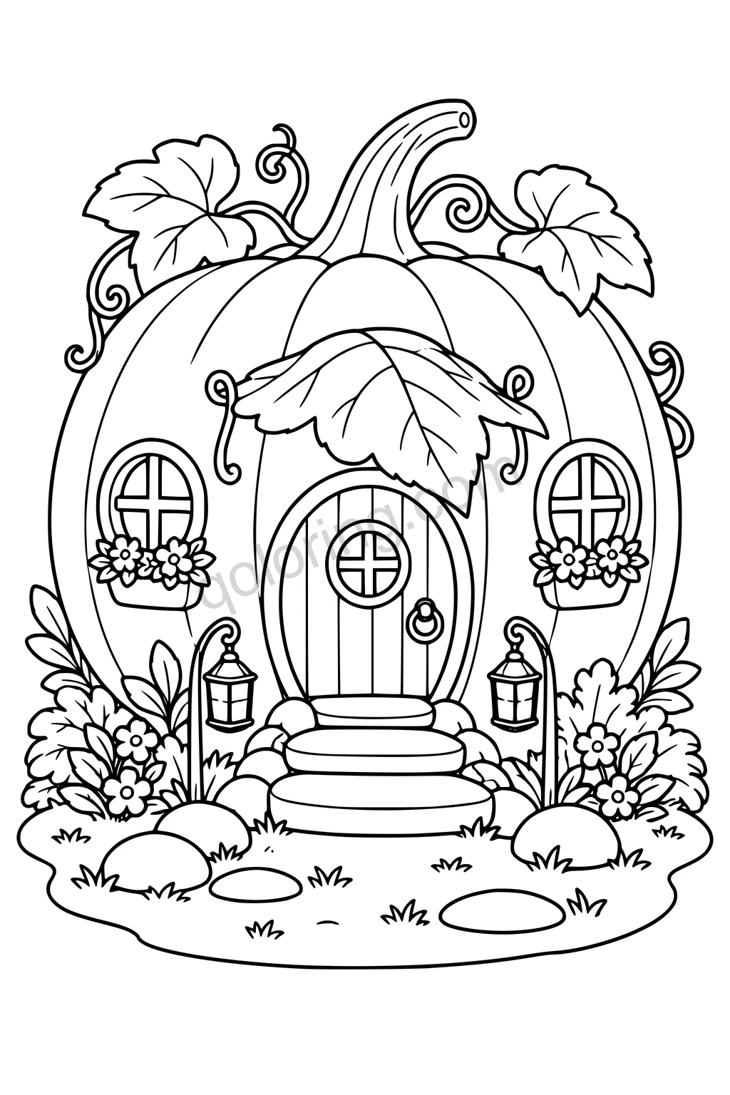 Black outline drawing of a pumpkin house with windows, a leaf awning, steps, two lanterns, and flowers.