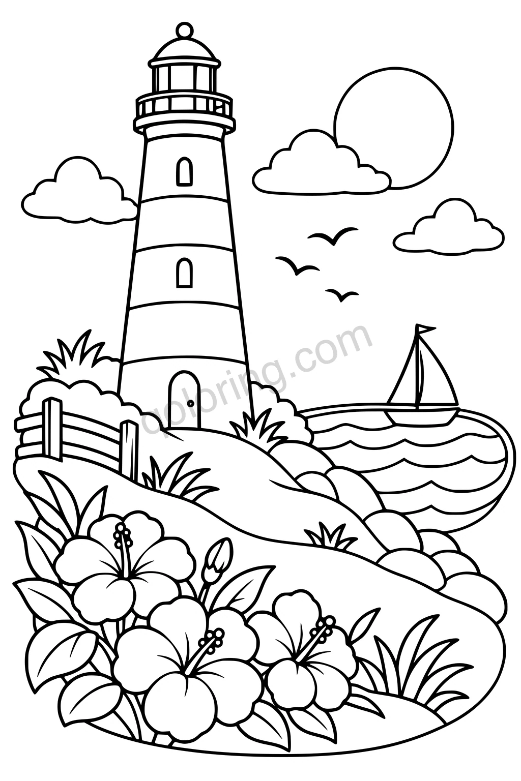 Black outline drawing of a lighthouse above dunes and large flowers beside a sailboat on waves.