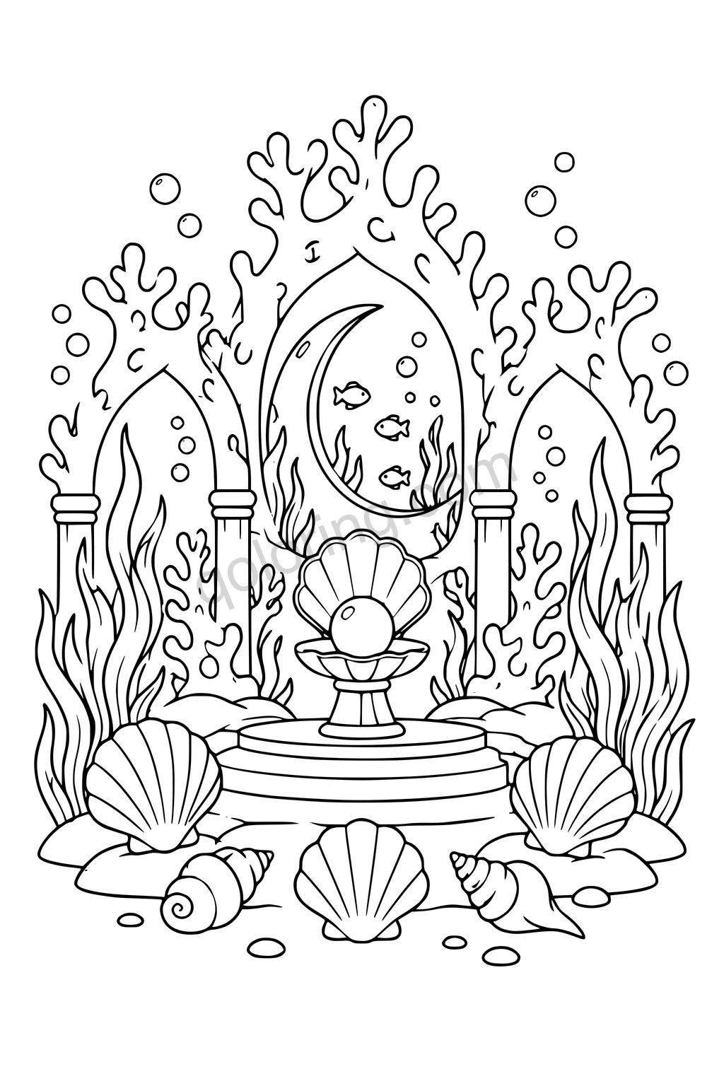 Black outline drawing of a coral palace with a crescent opening and pearl shell.