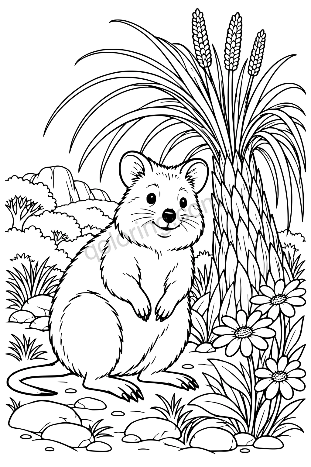 Black outline drawing of a quokka beside a grass tree.