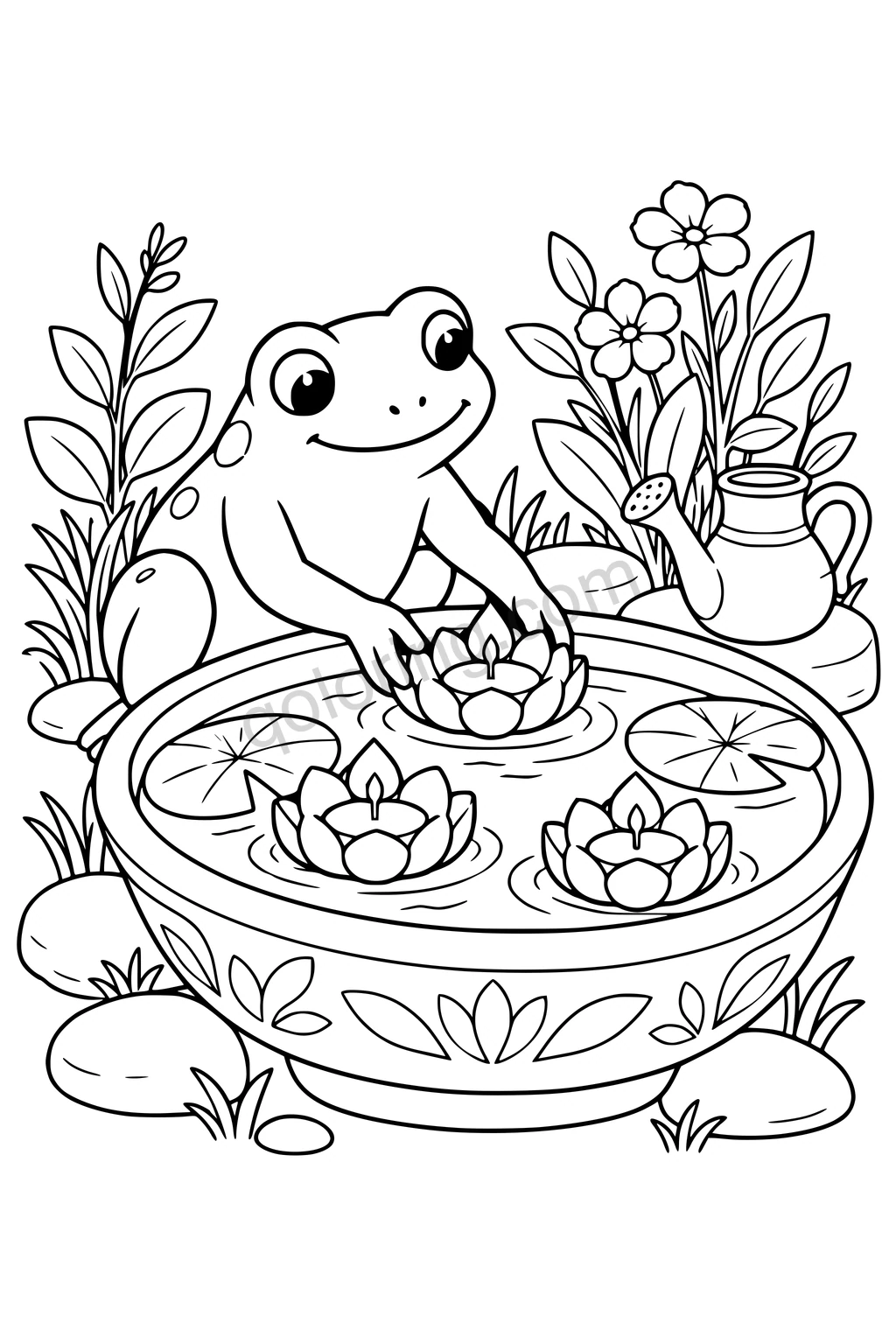 Black outline drawing of a frog seated beside a broad shallow garden bowl arranging three large floating flower-shaped candle holders, with two water-lily leaves and a small watering jug.