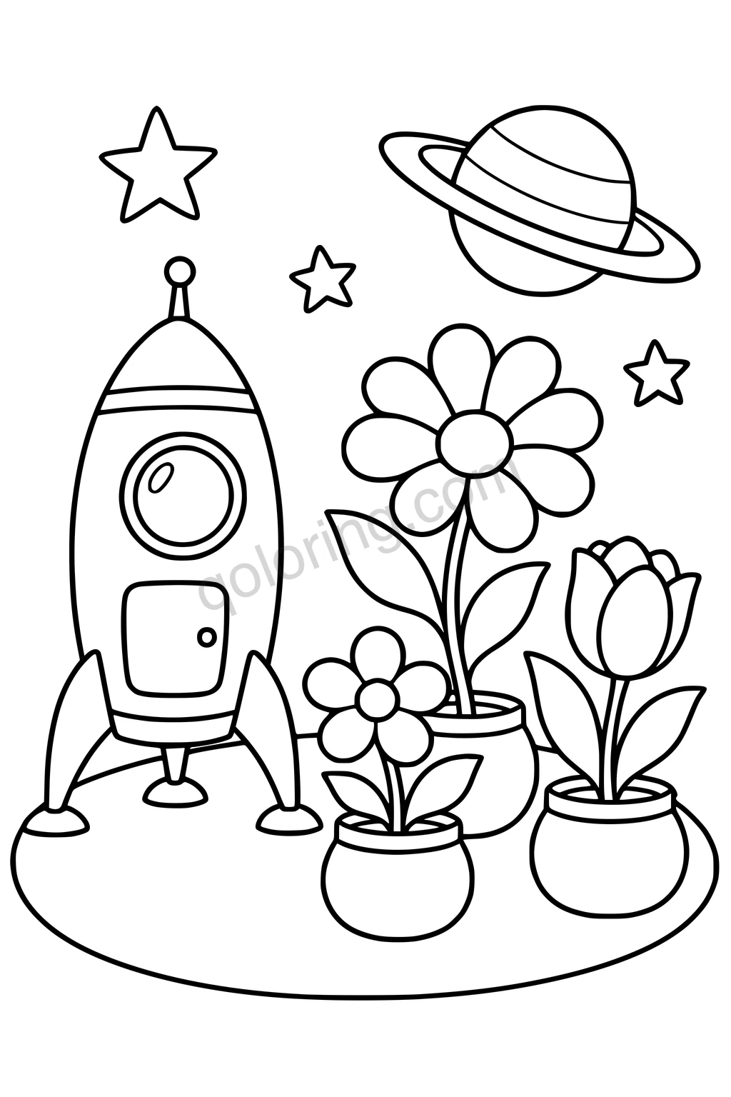 Black outline drawing of a three-legged rocket beside three potted flowers, with stars and a ringed planet above.