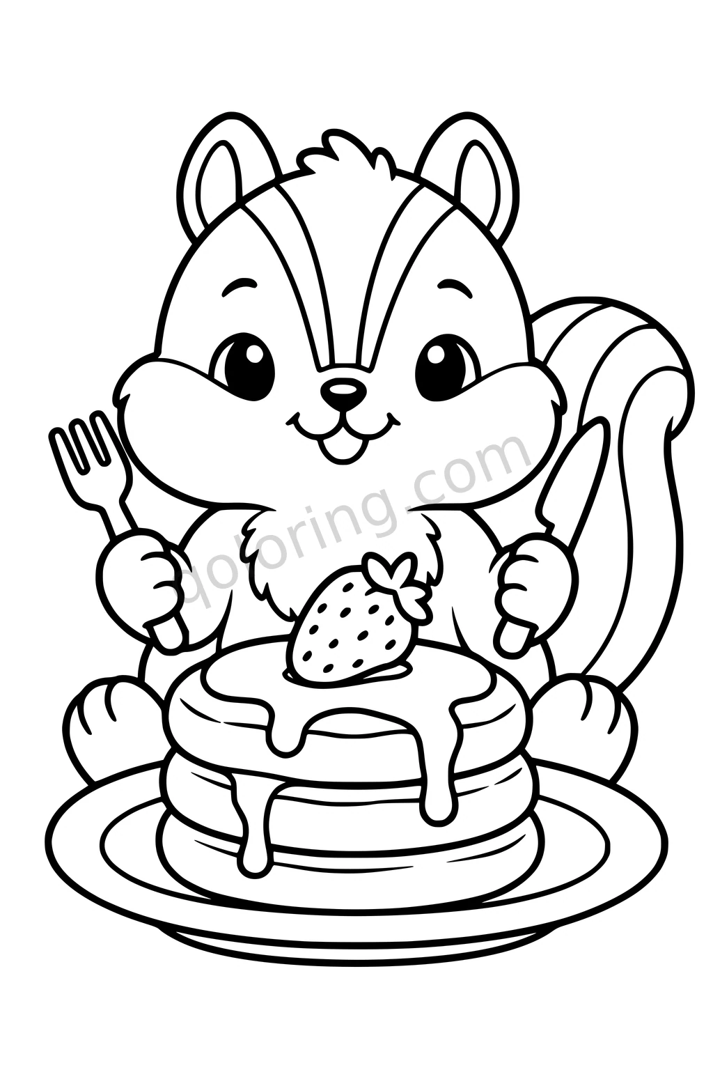 Black outline coloring page: Chipmunk with a Pancake Stack.