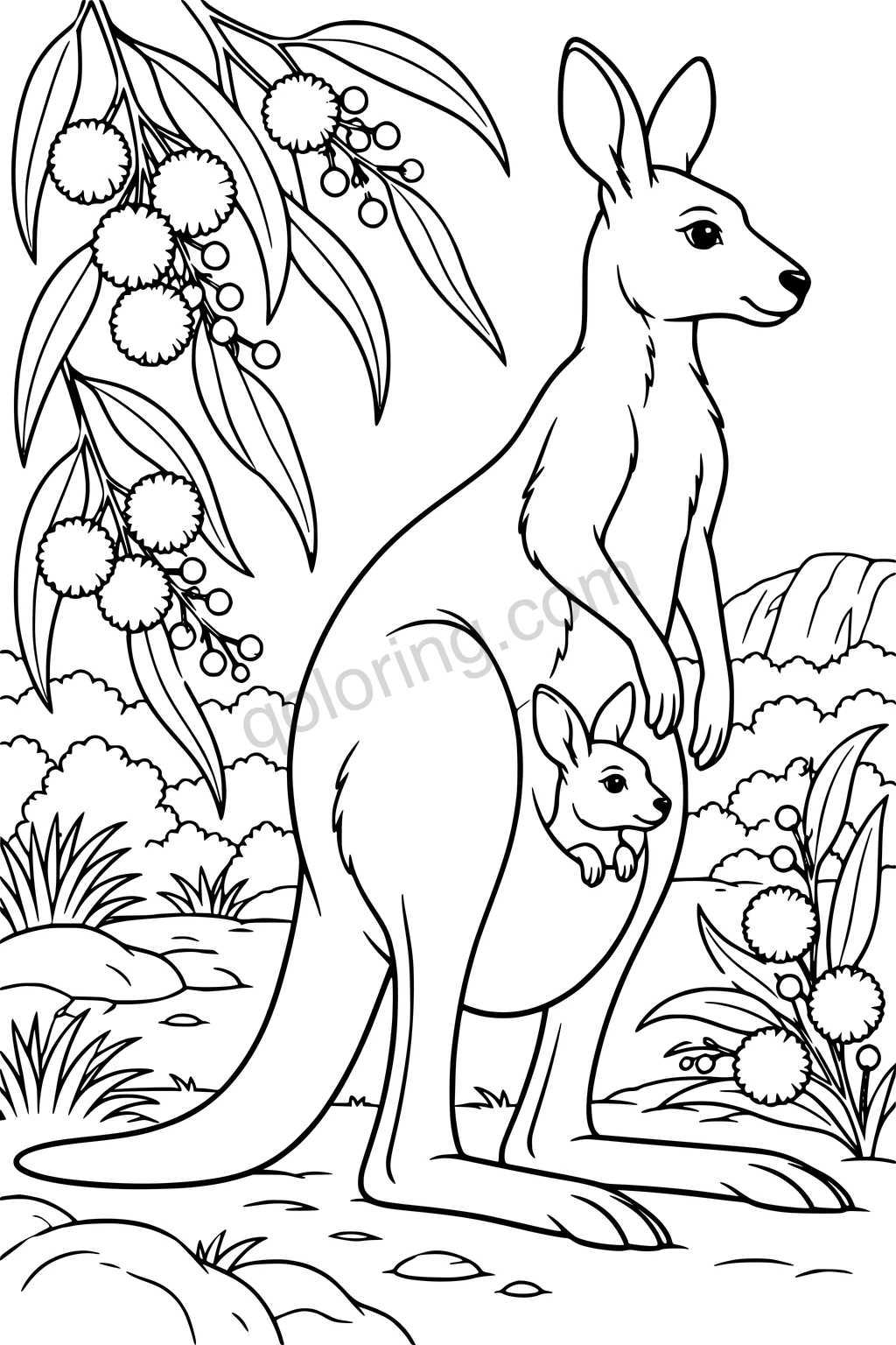 A kangaroo stands with a joey peeking from her pouch beside flowering wattle branches and smooth rocks.
