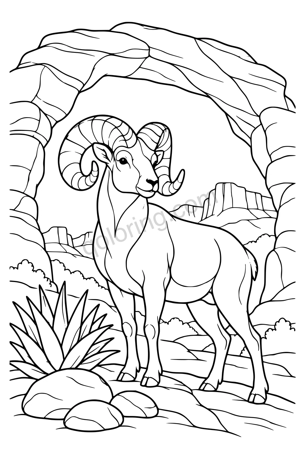 Black outline drawing of a bighorn sheep beneath a desert arch.