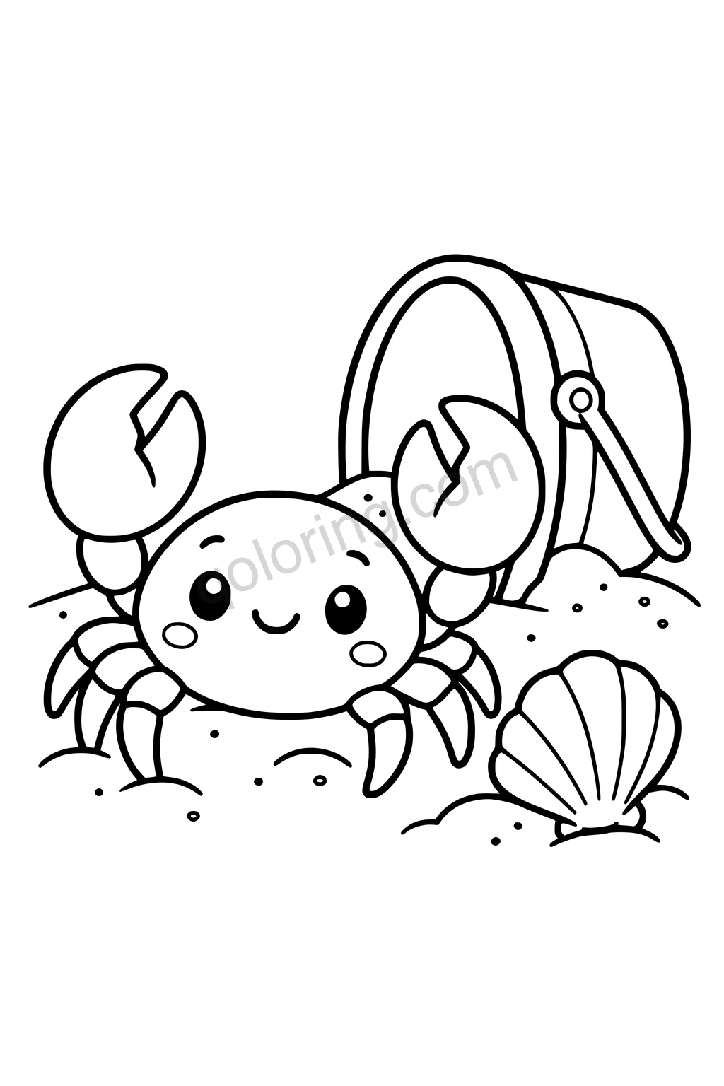 Black outline coloring page: Crab with a Sandcastle Bucket.