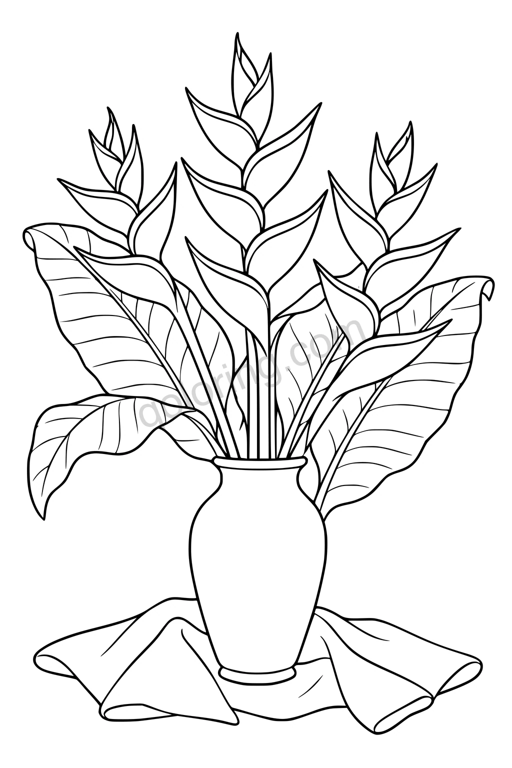 Black outline drawing of heliconia bracts and broad leaves in a tall vase.
