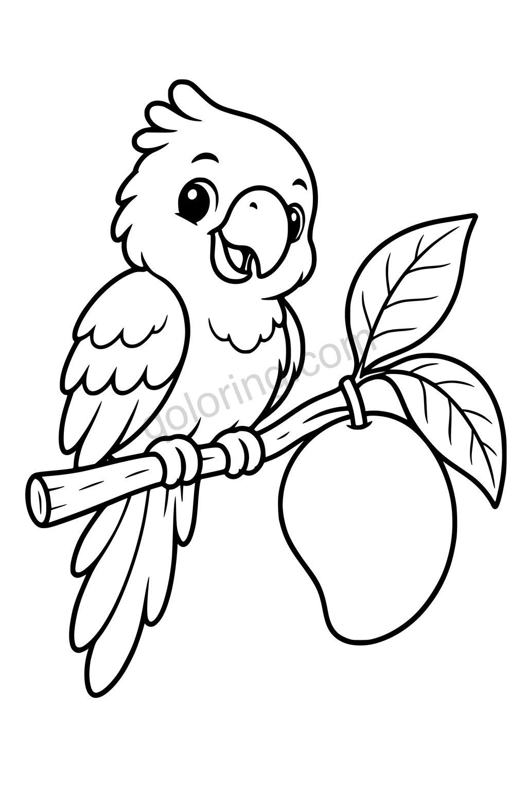 Black outline coloring page: Baby Parrot and the Mango.