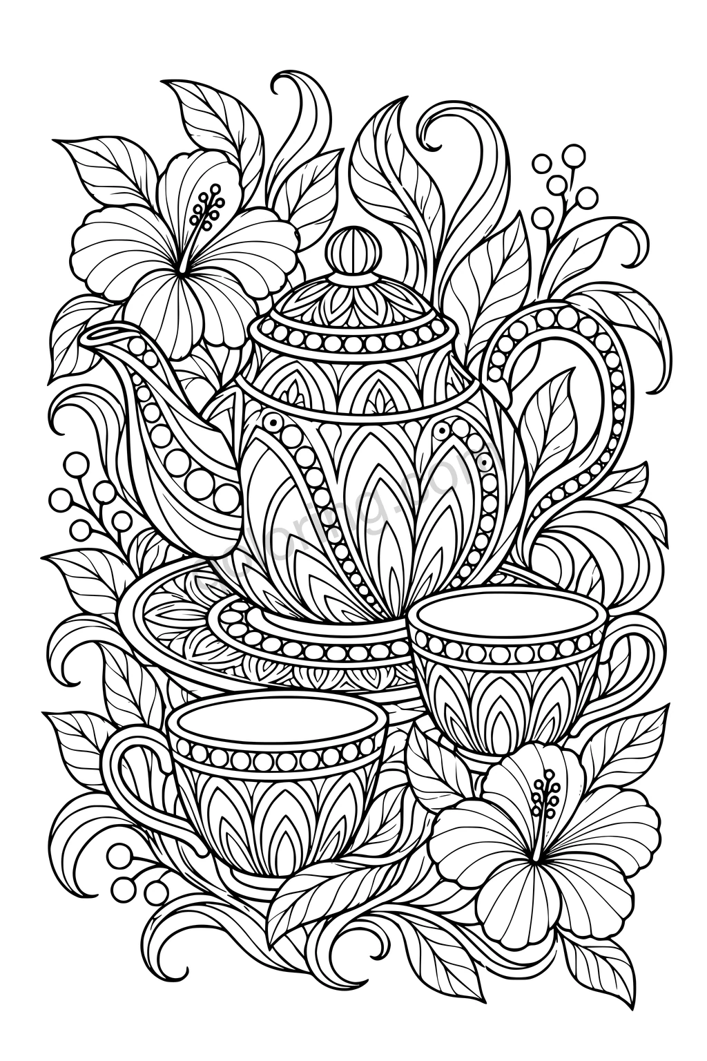 An ornate teapot with a curved handle and spout sits above two patterned cups surrounded by large flowers and leaves.
