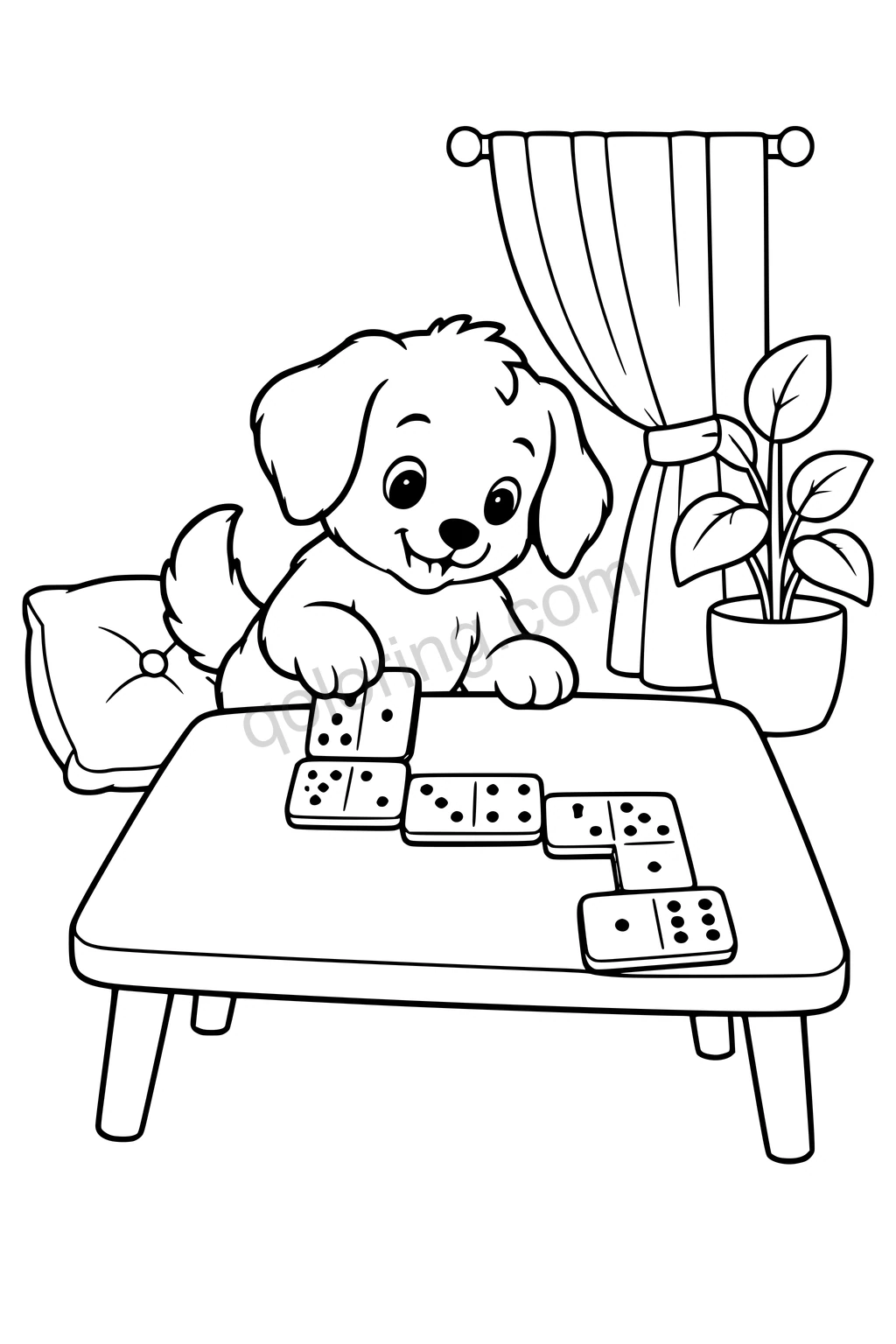 Black outline drawing of a puppy at a low rectangular table arranging six oversized domino tiles into a winding chain, with one cushion, a simple curtain and a plant.