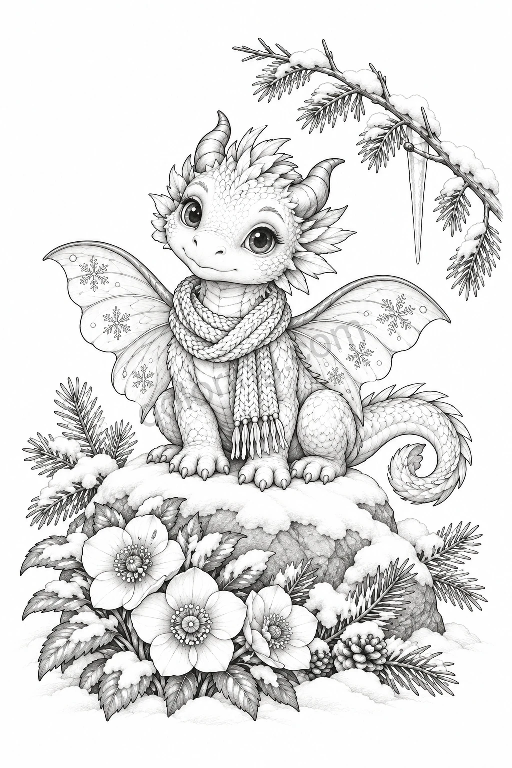 A baby dragon with moth-like wings and a knitted scarf sits among snowy pine sprigs and winter flowers.