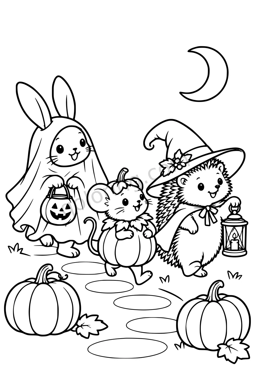 A rabbit in a ghost costume, a mouse in a pumpkin suit and a hedgehog in a witch hat walk along a stone path.