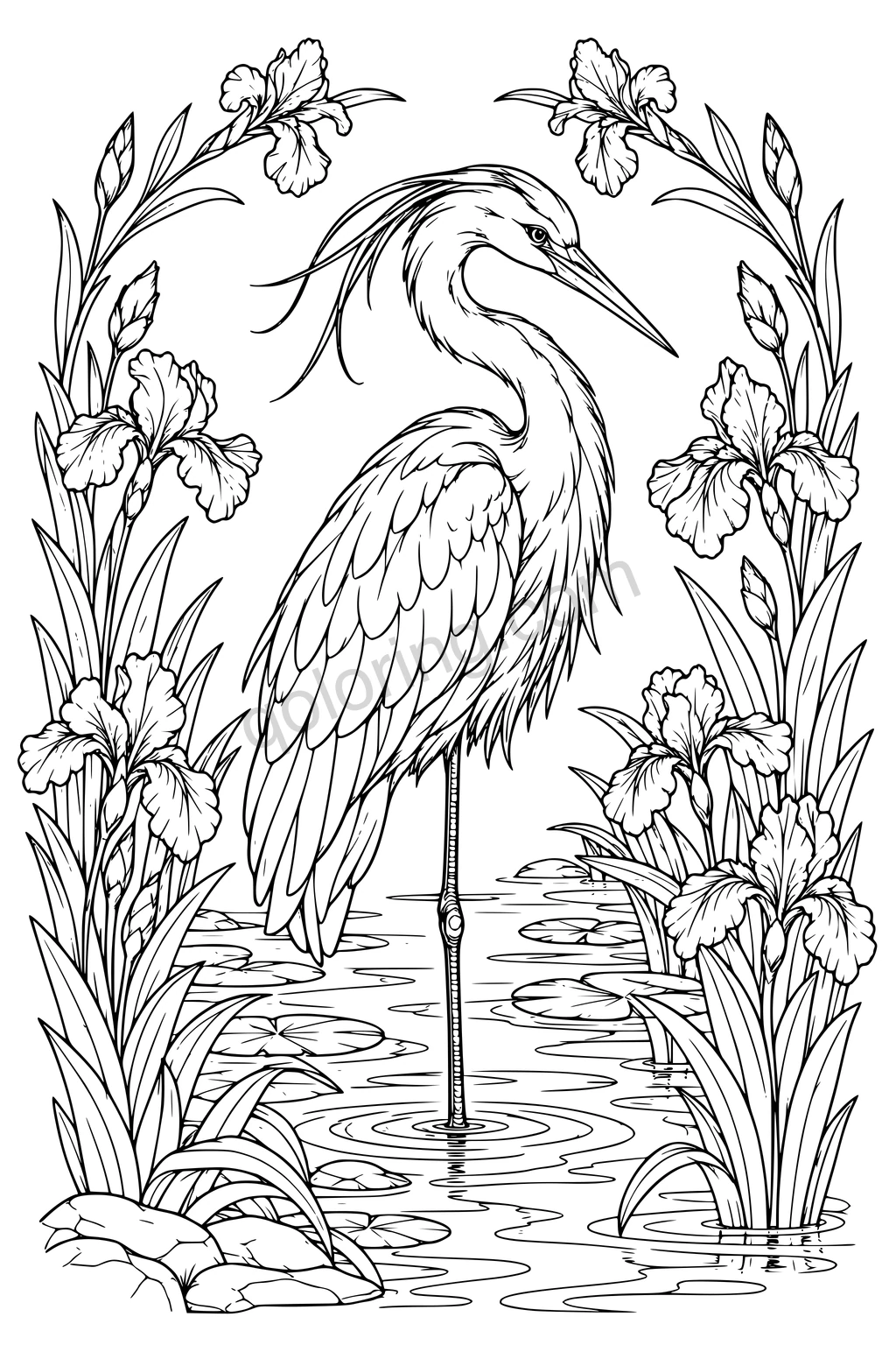 A heron with layered feathers stands between irises above rippling water and lily pads.